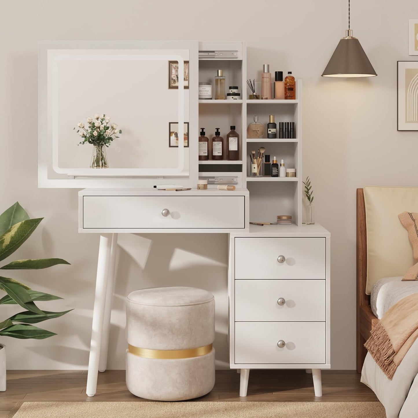 Royalcraft Makeup Vanity Table Set with Sliding Lighted Mirror, White Dressing Table with 3 Color Touch Light, Small Vanity Desk with 4 Drawer & Hidden Shelves for Women Girls