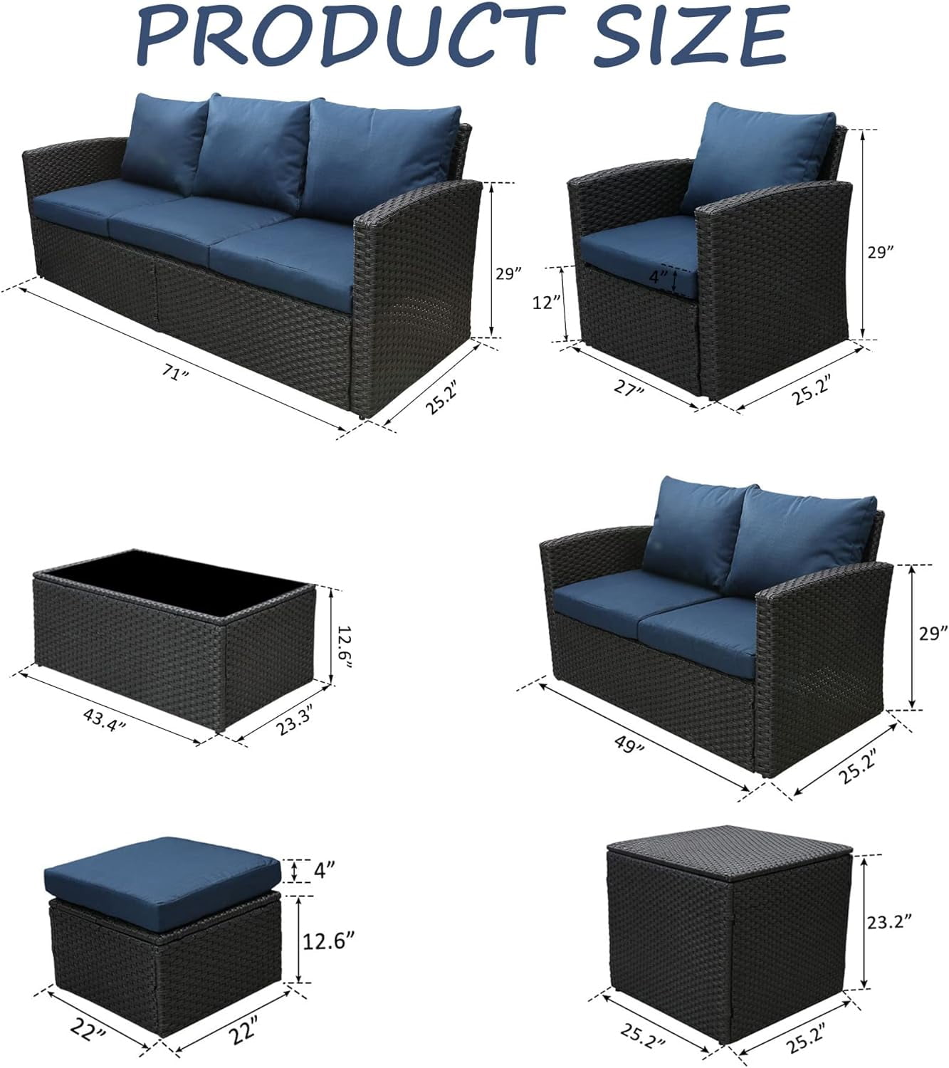 Royalcraft 9 Pieces Patio Furniture Set, All Weather PE Wicker Rattan Outdoor Sectional Sofa with Coffee Table and Navy Blue Cushion, Outdoor Furniture for Lawn Backyard Poolside Porch