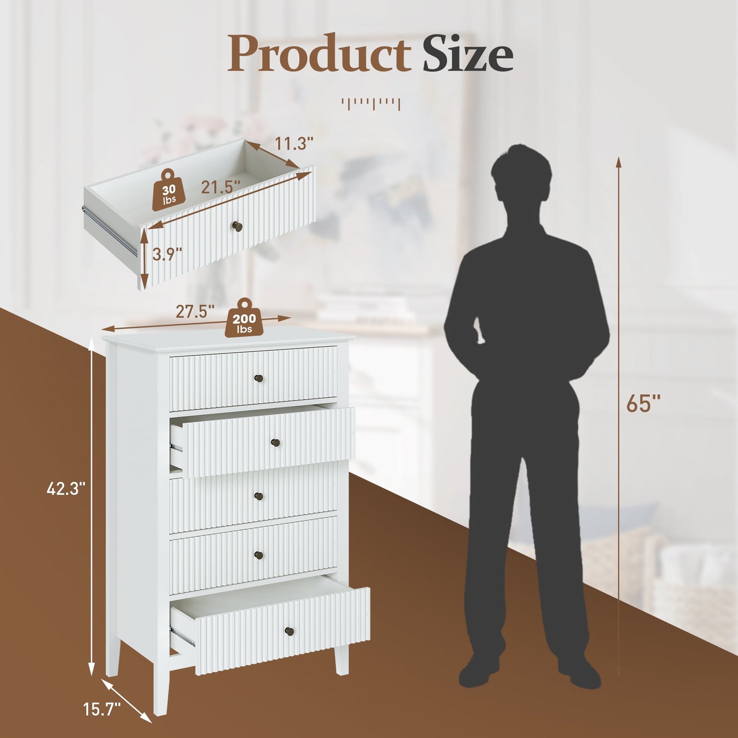 RoyalCraft Fluted 5 Drawers Dresser for Bedroom, Tall Chest of Drawer with Silent Slide Drawers, Modern Wood Storage Cabinet Organizer for Living Room, Hallway, Entryway, White