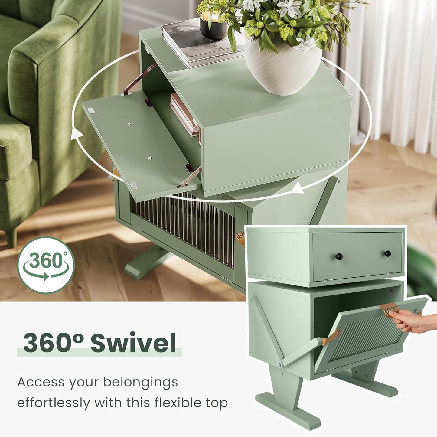 Superjoe Nightstand with LED Light Strips, Modern End Table with 360° Rotating Drawer, Bedside Table with Glass Door Storage, Wood Night Stand Cabinet for Living Room, Bedroom, Green