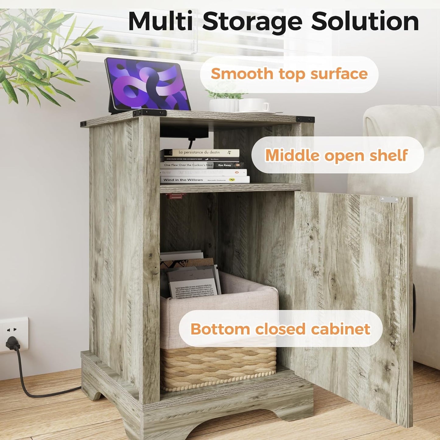 RoyalCraft Farmhouse Nightstand Set of 2, Tall Bedside Table with Charging Station, Wooden Rustic End Table with Large Storage Cabinets Room and Shelf for Bedroom, Living Room,Warm Grey farmhouse nightstand