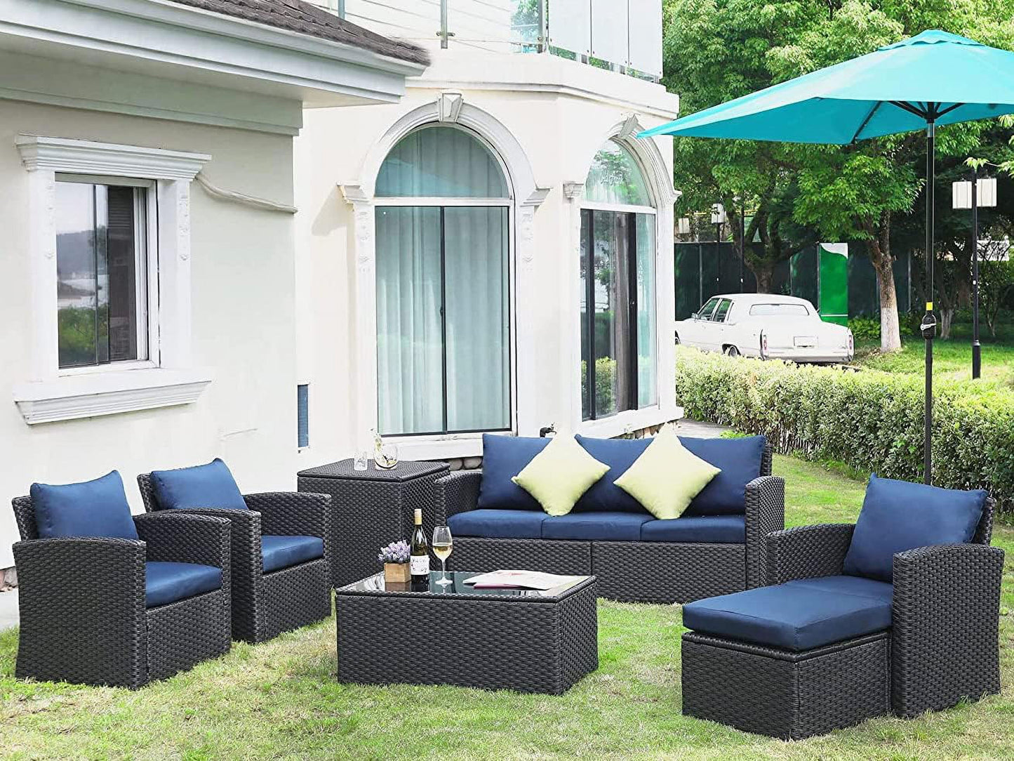 Royalcraft 9 Pieces Patio Furniture Set, All Weather PE Wicker Rattan Outdoor Sectional Sofa with Coffee Table and Navy Blue Cushion, Outdoor Furniture for Lawn Backyard Poolside Porch