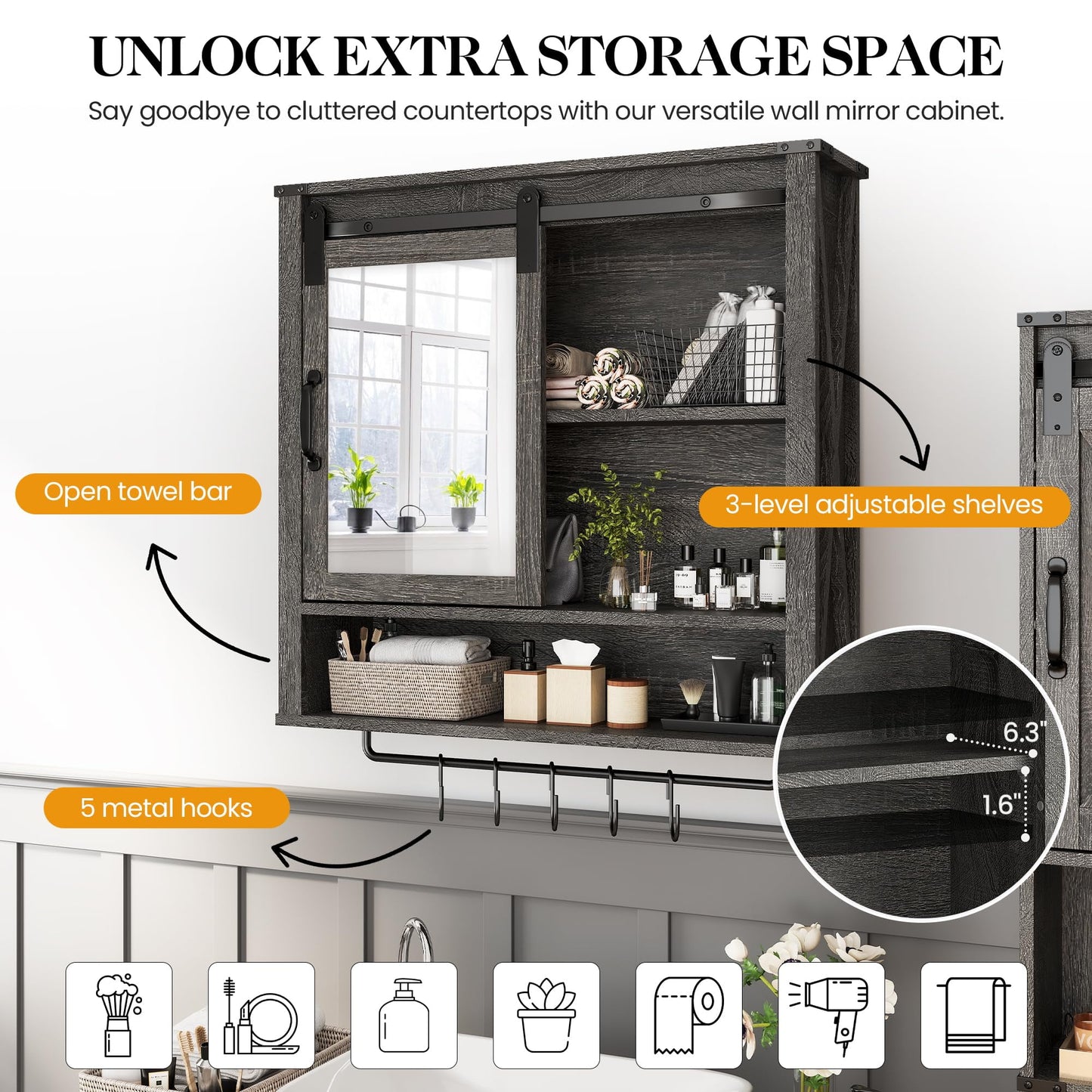 RoyalCraft 28in Bathroom Cabinet Wall Mount with Sliding Mirror Door, Over The Toilet Storage Cabinet, Farmhouse Medicine Cabinet with Shelves and Towel Bar for Living Room, 28" W x 29" H, Dark Grey