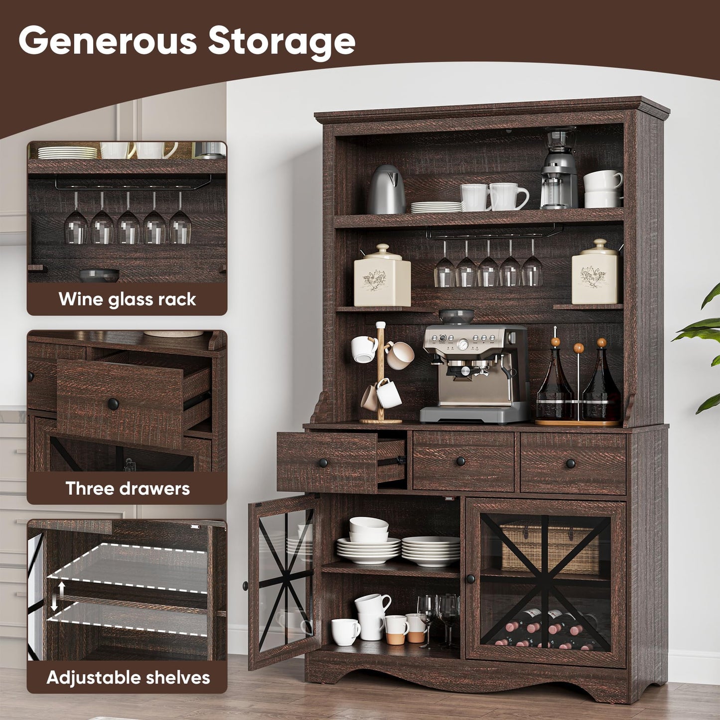 CozyHome Kitchen Hutch Storage Cabinet w/Power Outlet, 71” Tall Pantry Cabinet w/LED and Wine Glasses Rack, Farmhouse Coffee Bar Cabinet w/Drawers for Dining Room, Dark Rustic Oak