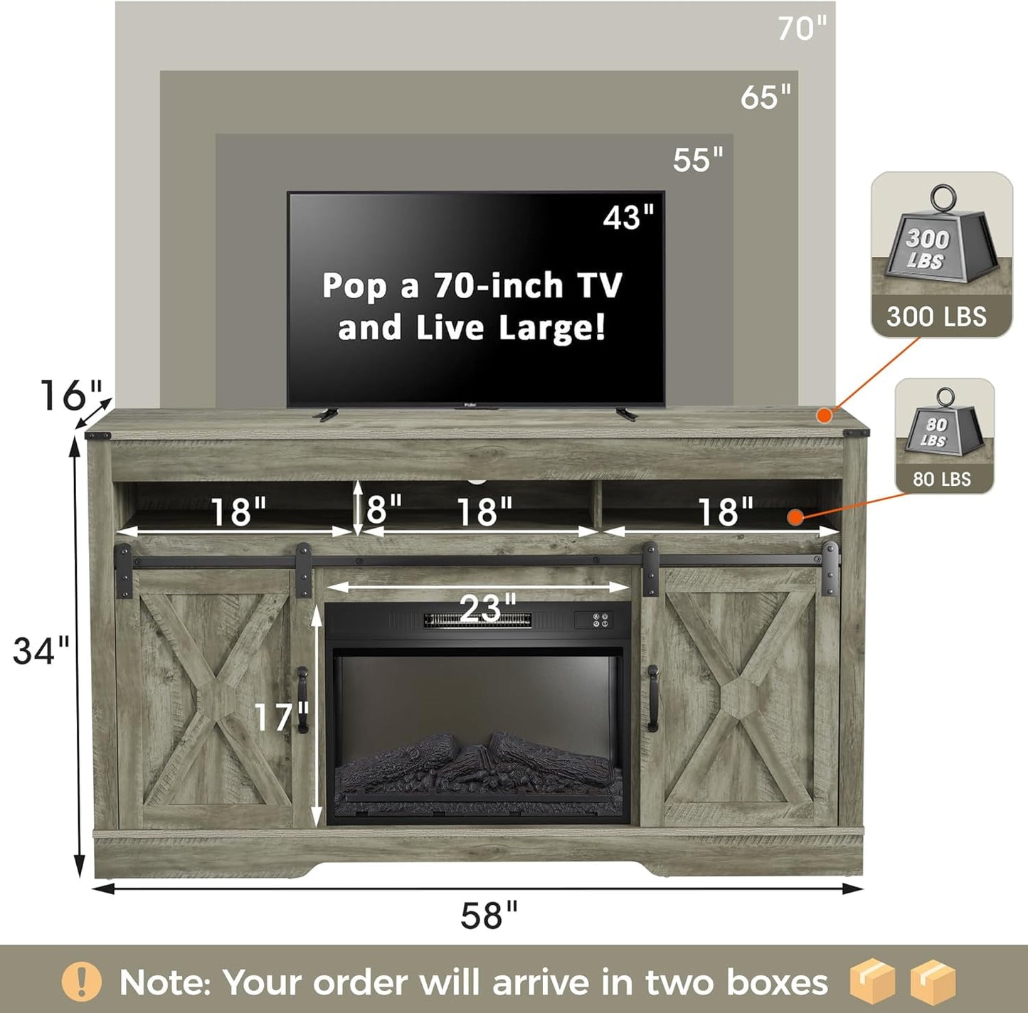 RoyalCraft Fireplace TV Stand for 65+ inch TV, Farmhouse Entertainment Center with 23" Electric Fireplace with Remote, Modern Rustic TV Console with Sliding Bar Door for Living Room, Antique White