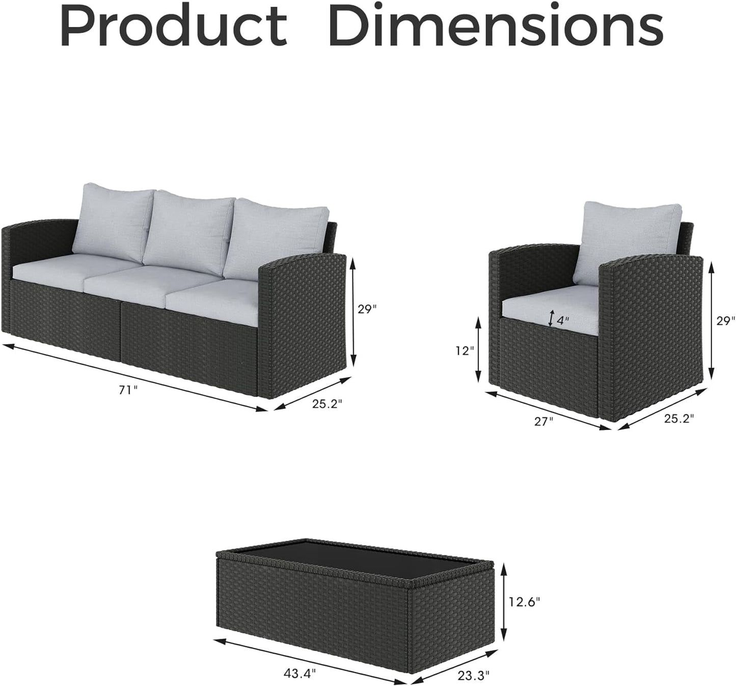 Royalcraft 6 Piece Patio Furniture Set, Wicker Outdoor Sectional Sofa, Rattan Conversation Set with Tempered Glass Coffee Table, Water-Resistant Cushions for Porch, Backyard, Garden, Grey