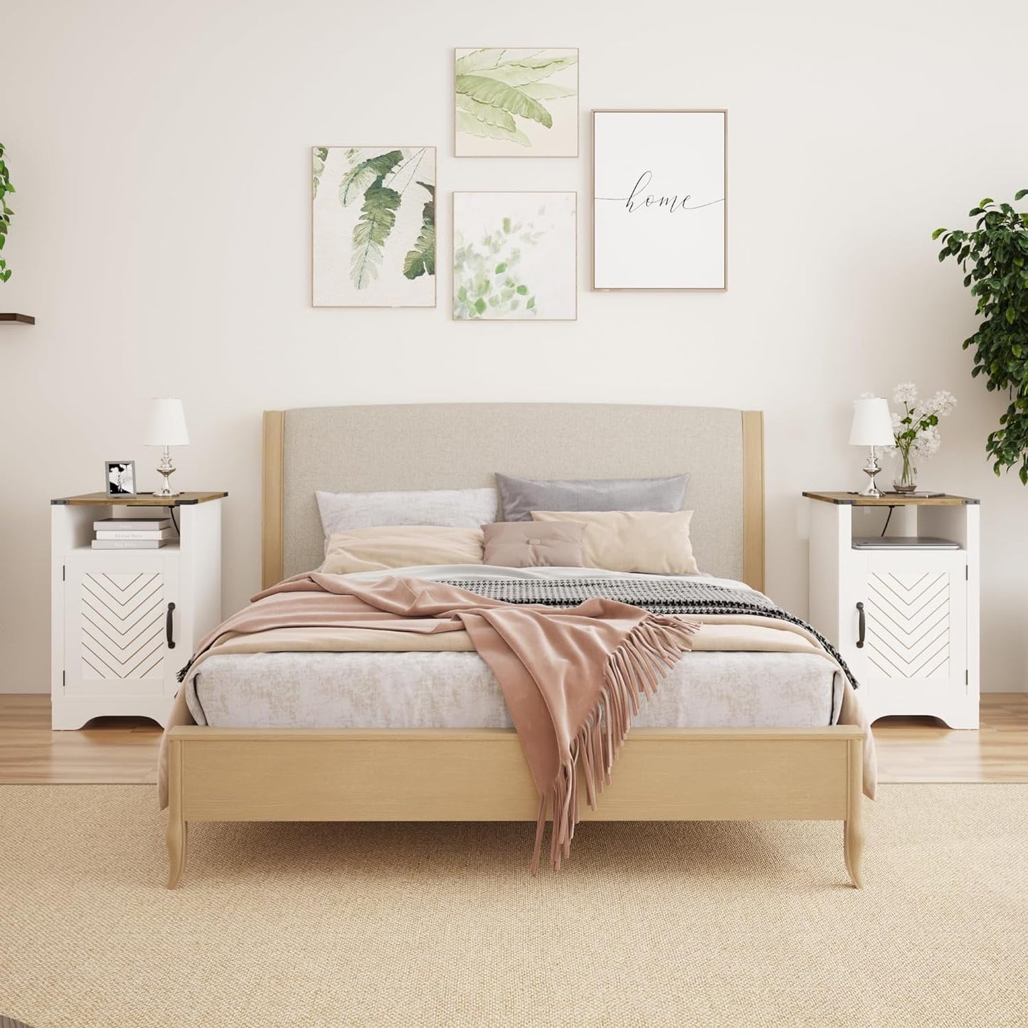 Royalcraft Nightstand Set of 2 with Charging Station, Tall Farmhouse Bedside Table with Herringbone Design, Wooden Rustic End Table with Large Storage Cabinets and Shelf for Bedroom nightstand set of 2