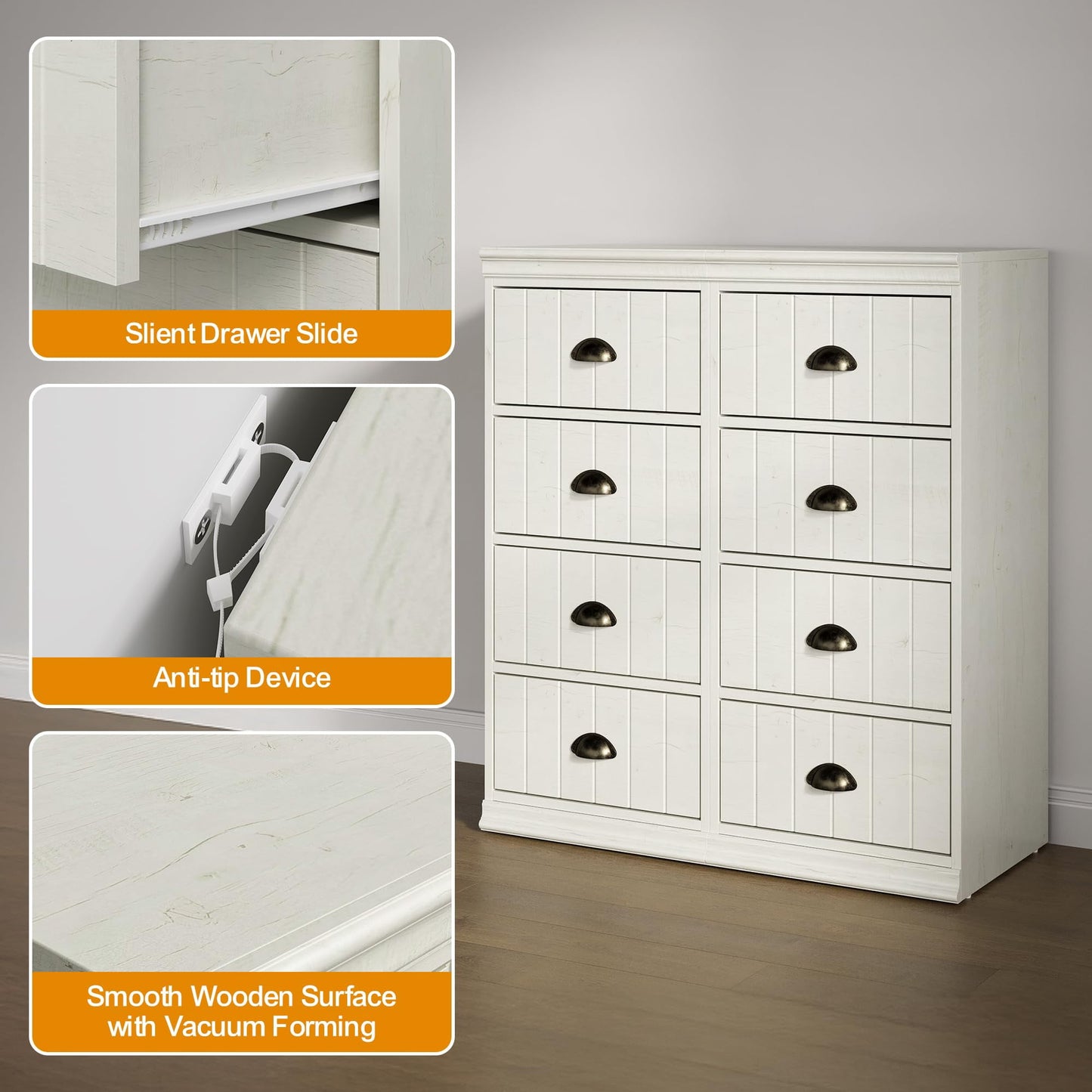 CozyHome Fluted Dresser Set of 4, White 4 Drawer Dresser with Bronze Metal Handles, Modern Dresser Organizer with Soft-Close Drawers, Chest of Drawers for Bedroom, Living Room, Entryway