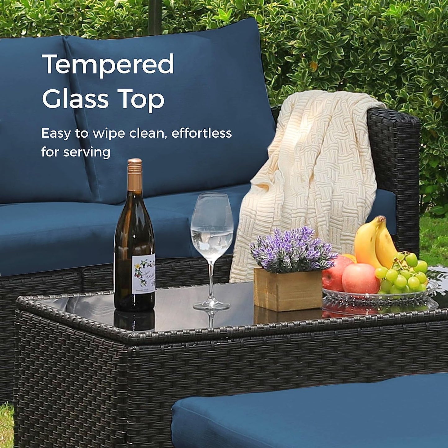 Royalcraft 9 Pieces Patio Furniture Set, All Weather PE Wicker Rattan Outdoor Sectional Sofa with Coffee Table and Navy Blue Cushion, Outdoor Furniture for Lawn Backyard Poolside Porch