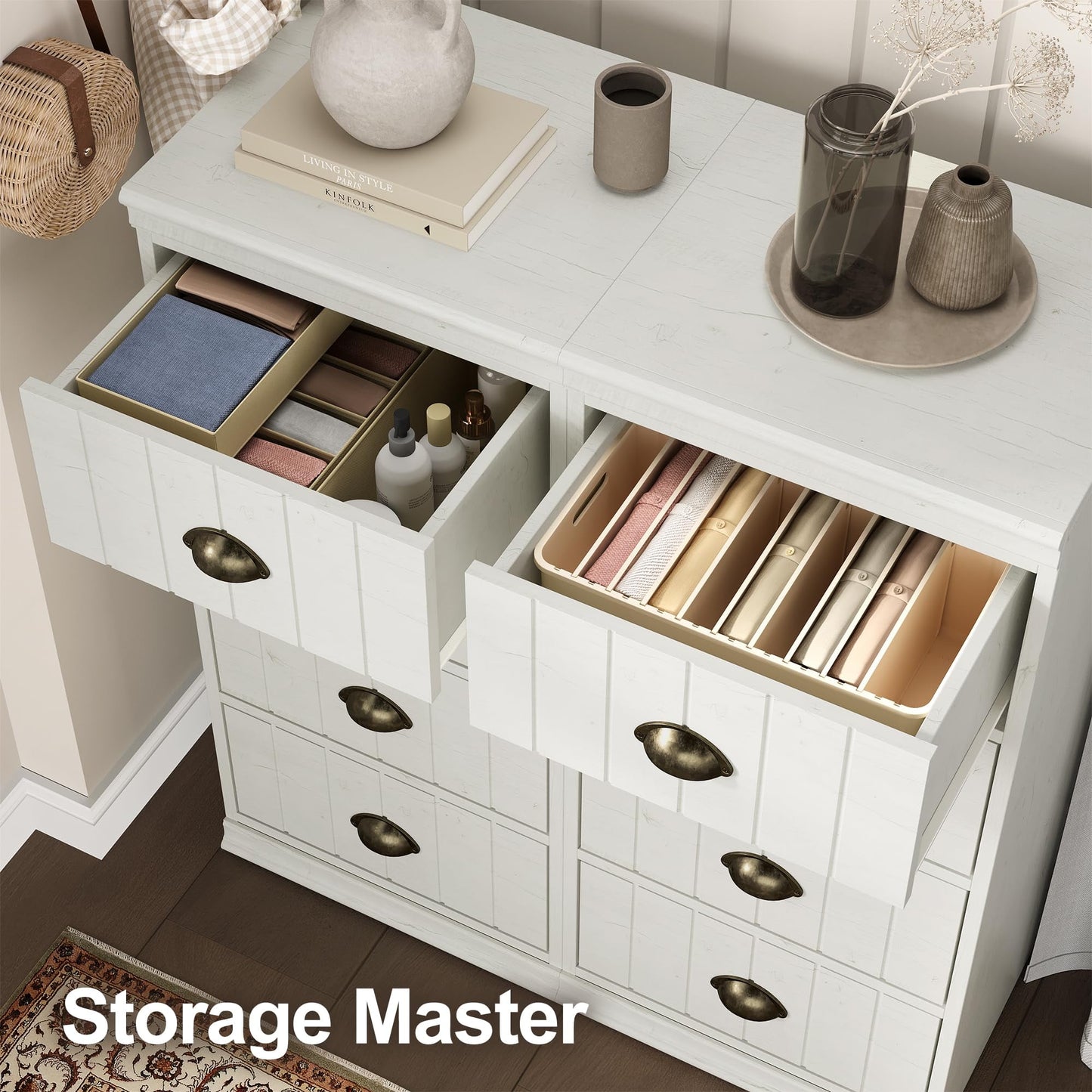 CozyHome Fluted Dresser Set of 4, White 4 Drawer Dresser with Bronze Metal Handles, Modern Dresser Organizer with Soft-Close Drawers, Chest of Drawers for Bedroom, Living Room, Entryway