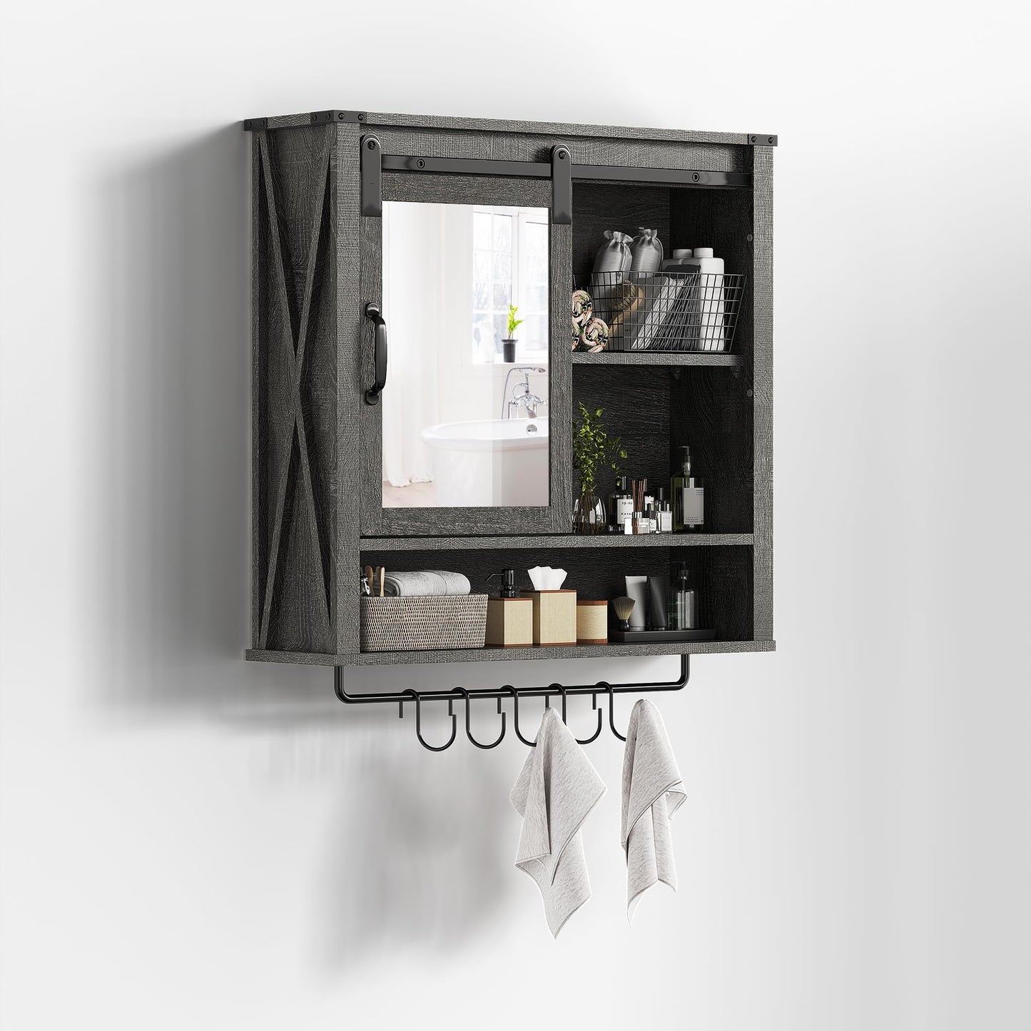 RoyalCraft 28in Bathroom Cabinet Wall Mount with Sliding Mirror Door, Over The Toilet Storage Cabinet, Farmhouse Medicine Cabinet with Shelves and Towel Bar for Living Room, 28" W x 29" H, Dark Grey