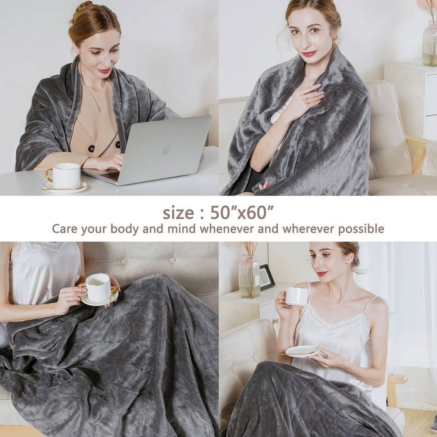 Royalcraft 50" x 60" Electric Blankets Heated Throw Soft Flannel Heating Blanket with 4 Hours Auto Off, ETL Certified, Grey