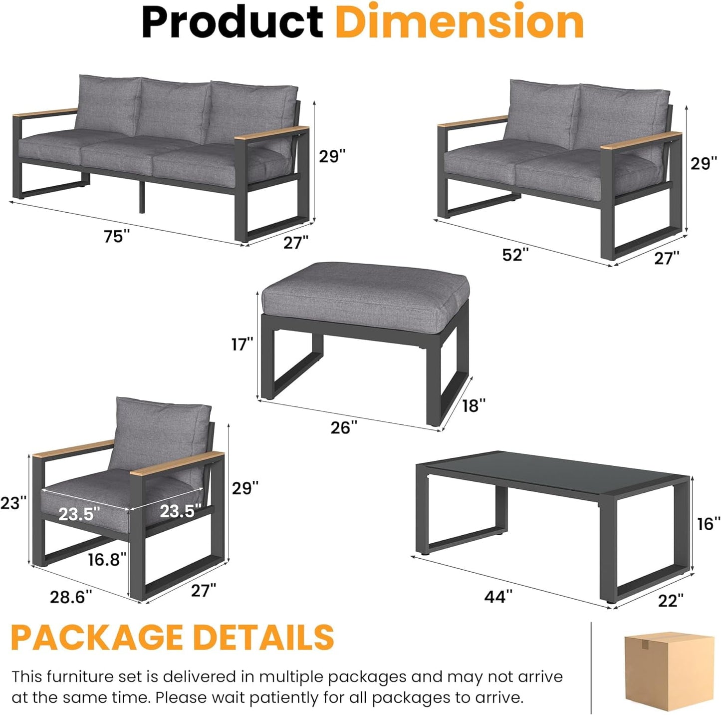 RoyalCraft Aluminum Patio Furniture Set, 7 Piece Outdoor Conversation Set with Coffee Table, Metal Outdoor Patio Furniture Set for Porch Backyard Garden, Grey