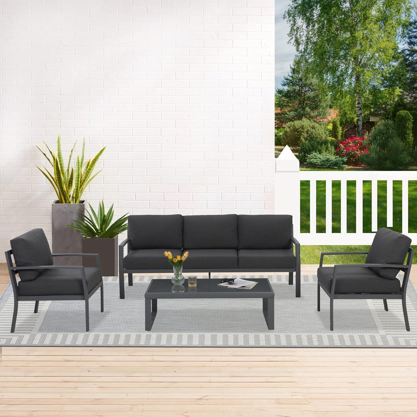 Royalcraft Aluminum Patio Furniture, Outdoor Metal Patio Furniture Conversation Set with Coffee Table, Outside Patio Sofa Sets with Cushion for Balcony Backyard Garden, Beige