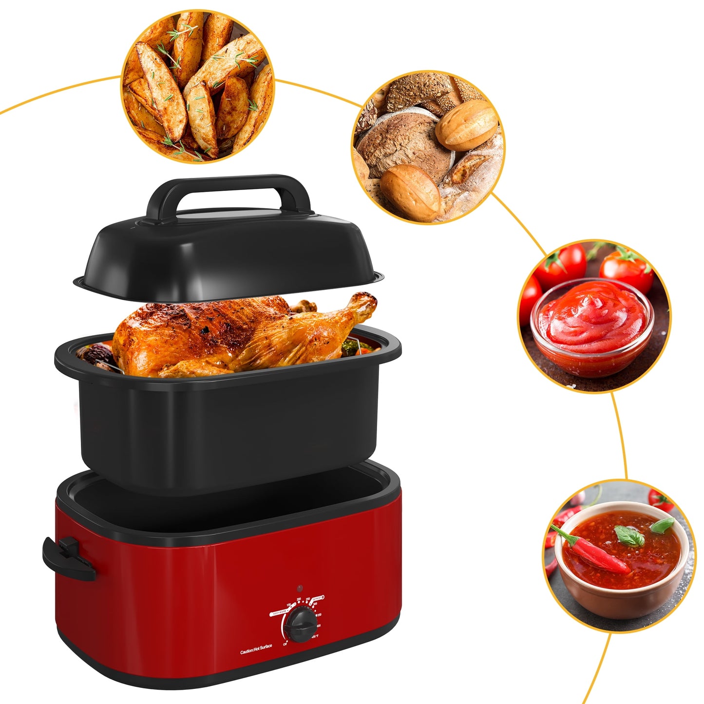 RoyalCraft 24 Quart Electric Roaster Oven with Visible & Self-Basting Lid, Stainless Steel, White