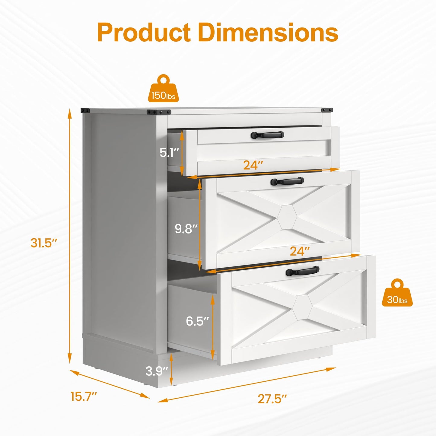 RoyalCraft White 3 Drawer Dresser, Wood X-shaped Chest of Drawers for Bedroom, Farmhouse Wide Nightstand with Drawers Cabinet for Bedroom, Living Room, Hallway, Entryway