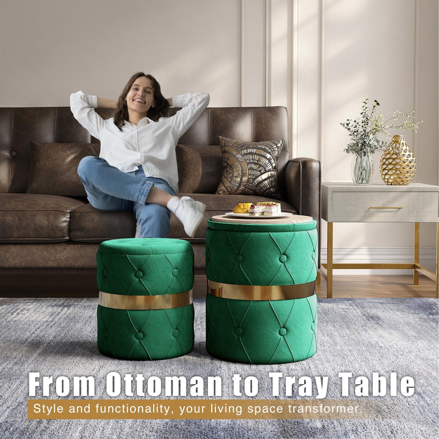 Superjoe Storage Ottoman Set of 2, Versatile Footrest Stool with Stainless Steel Base, Modern Round Vanity Stool Chair Foot Stools, Support 200lbs Padded Seat, for Living Room, Bedroom, Green