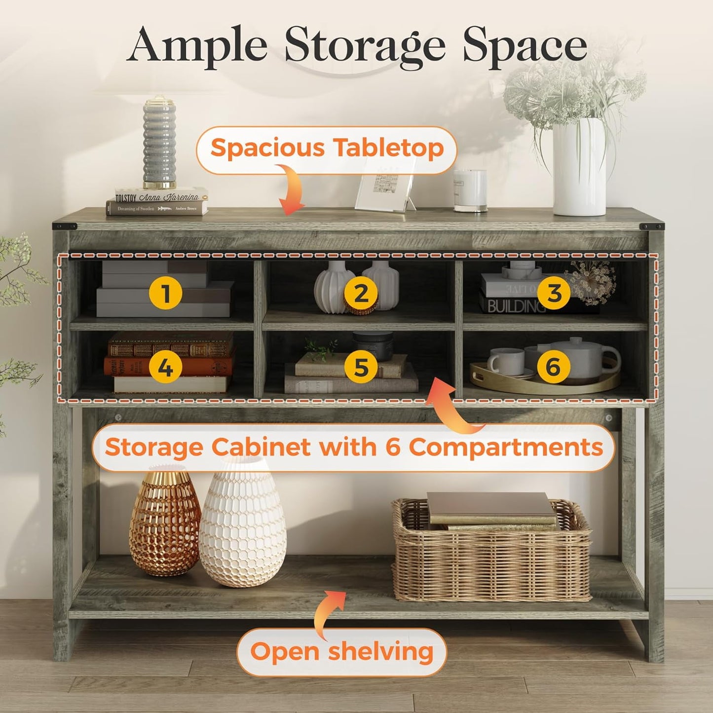 Royalcraft Entryway Table with Storage, 46" Modern Farmhouse Console Table with Sliding Barn Door, Wood Rustic Sofa Table with Adjustable Shelf for Hallway, Living Room, Foyer, White and Rustic Oak