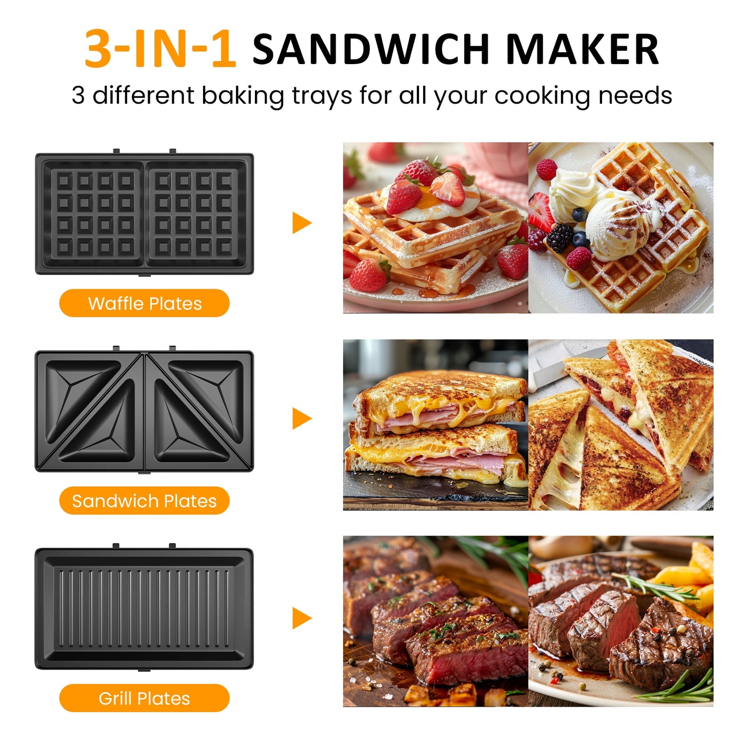 Royalcraft 3 in 1 Electric Waffle, Grill & Sandwich Maker