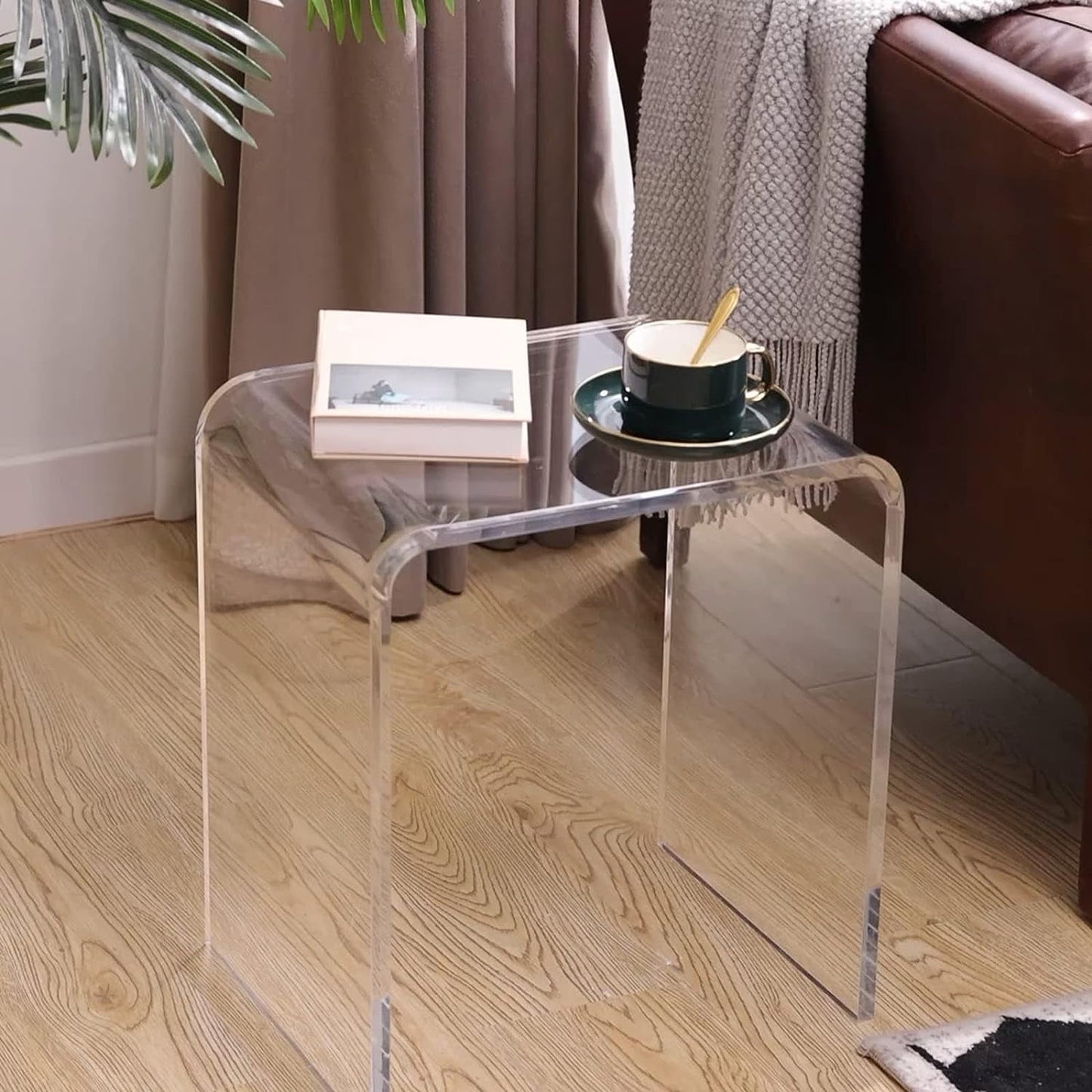 Royalcraft Acrylic End Table, Modern Lucite Side Table with Waterfall Edges, Contemporary Square Nightstand and Stool for Living Room and Bedroom, Clear