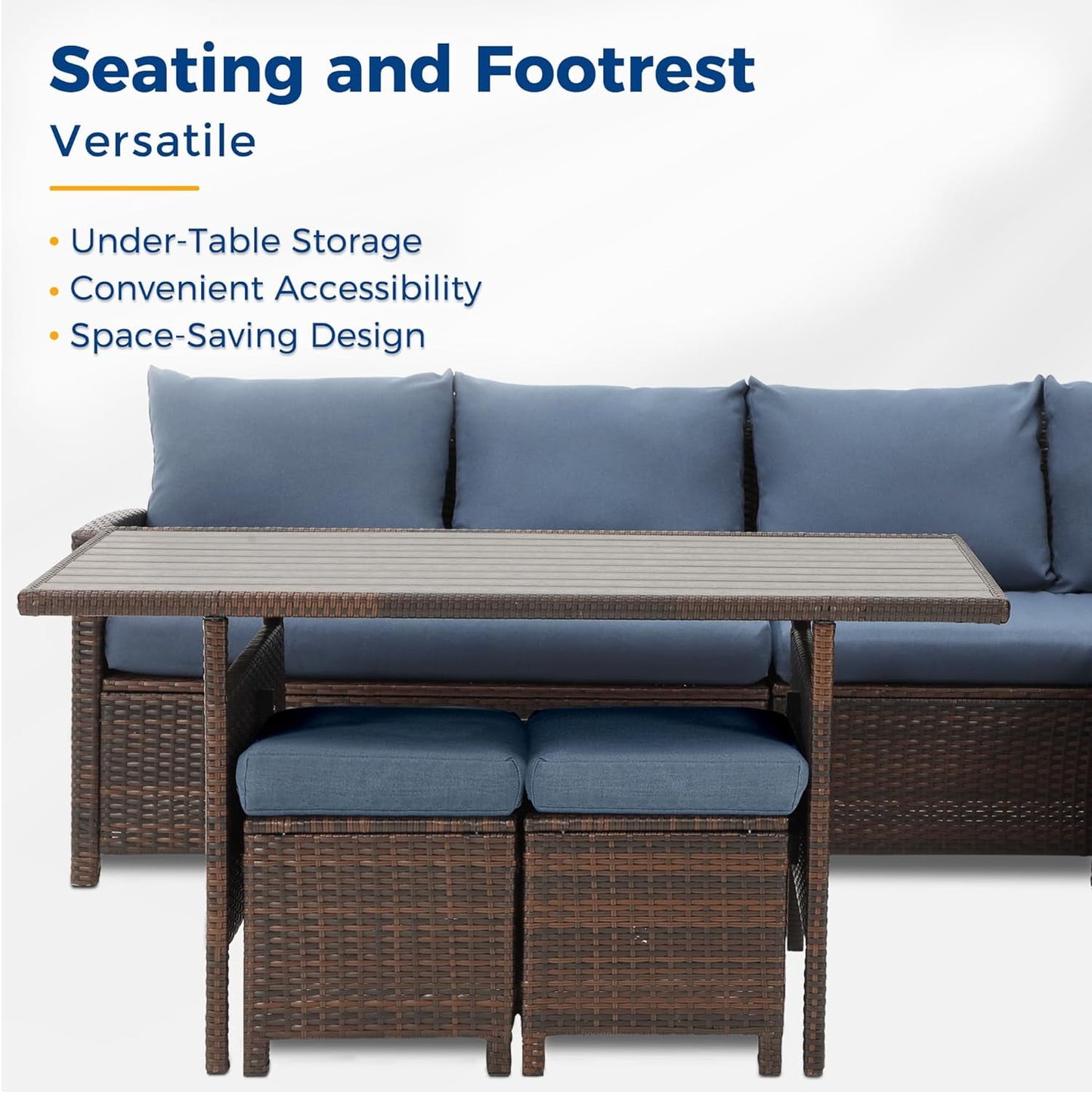 RoyalCraft Patio Furniture Set, 7 Piece High Curved Back Outdoor Dining Sectional Sofa with Dining Table and Chair, All Weather Wicker Conversation Set with Ottoman