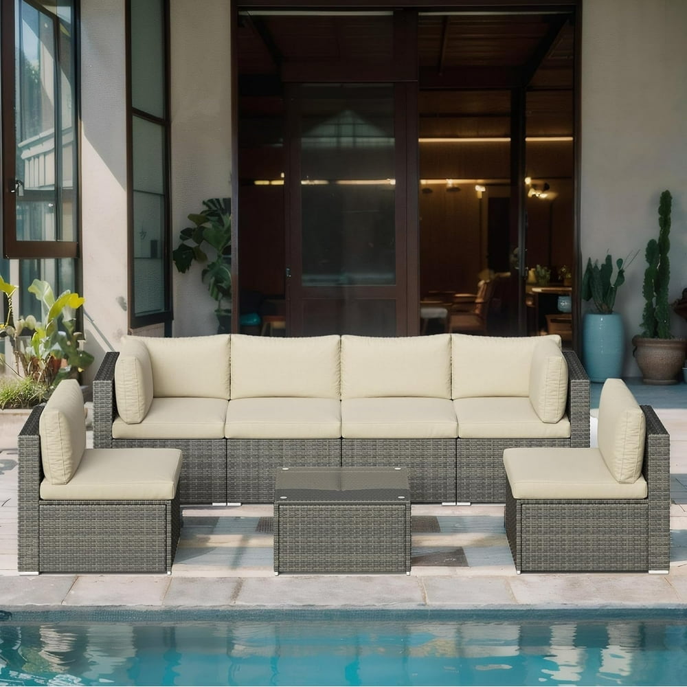 Royalcraft 7 Pieces Patio Furniture Sets, All-Weather PE Grey Wicker Outdoor Rattan Sectional Sofa, Patio Sofa Couch with Table and Beige Cushions