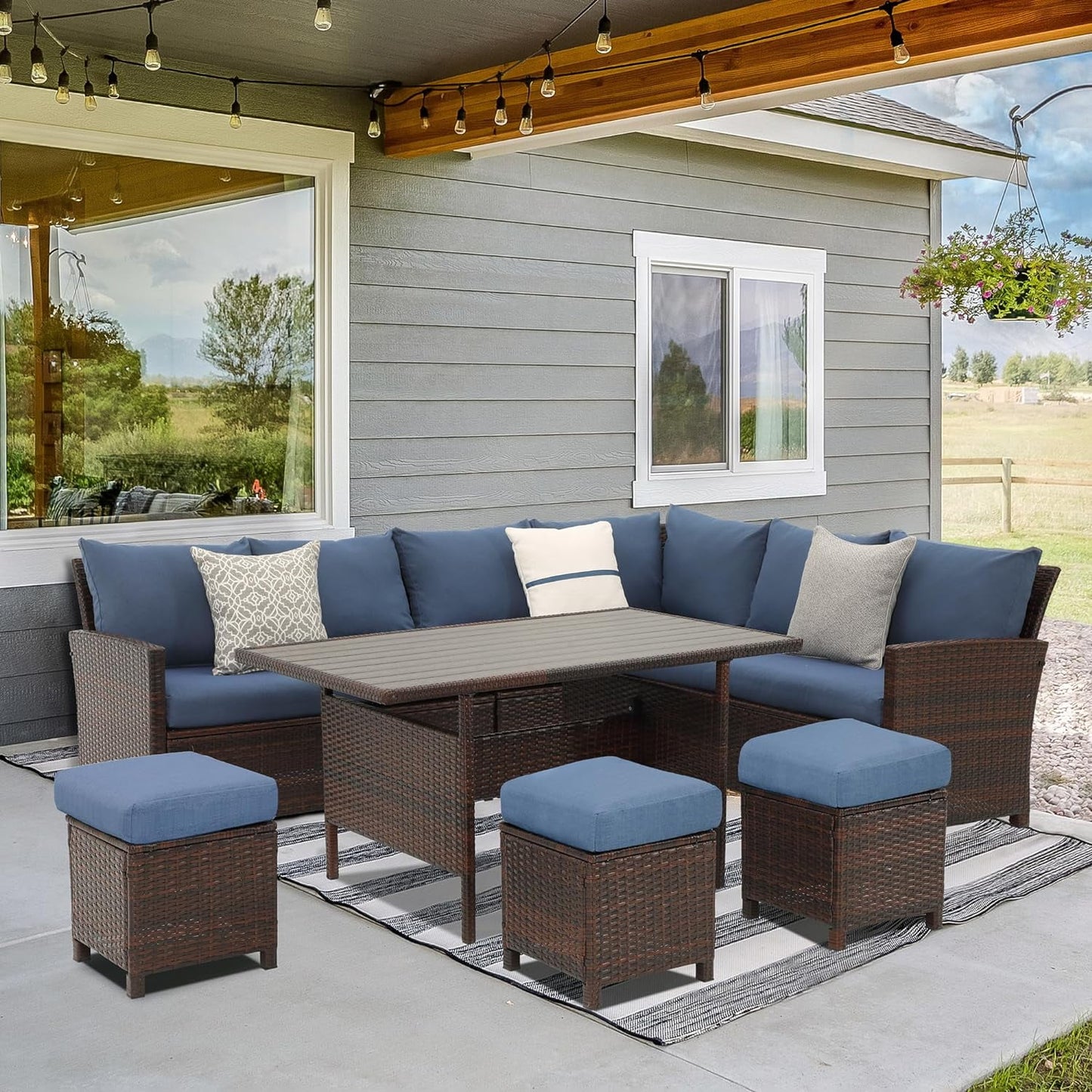 RoyalCraft Patio Furniture Set, 7 Piece High Curved Back Outdoor Dining Sectional Sofa with Dining Table and Chair, All Weather Wicker Conversation Set with Ottoman