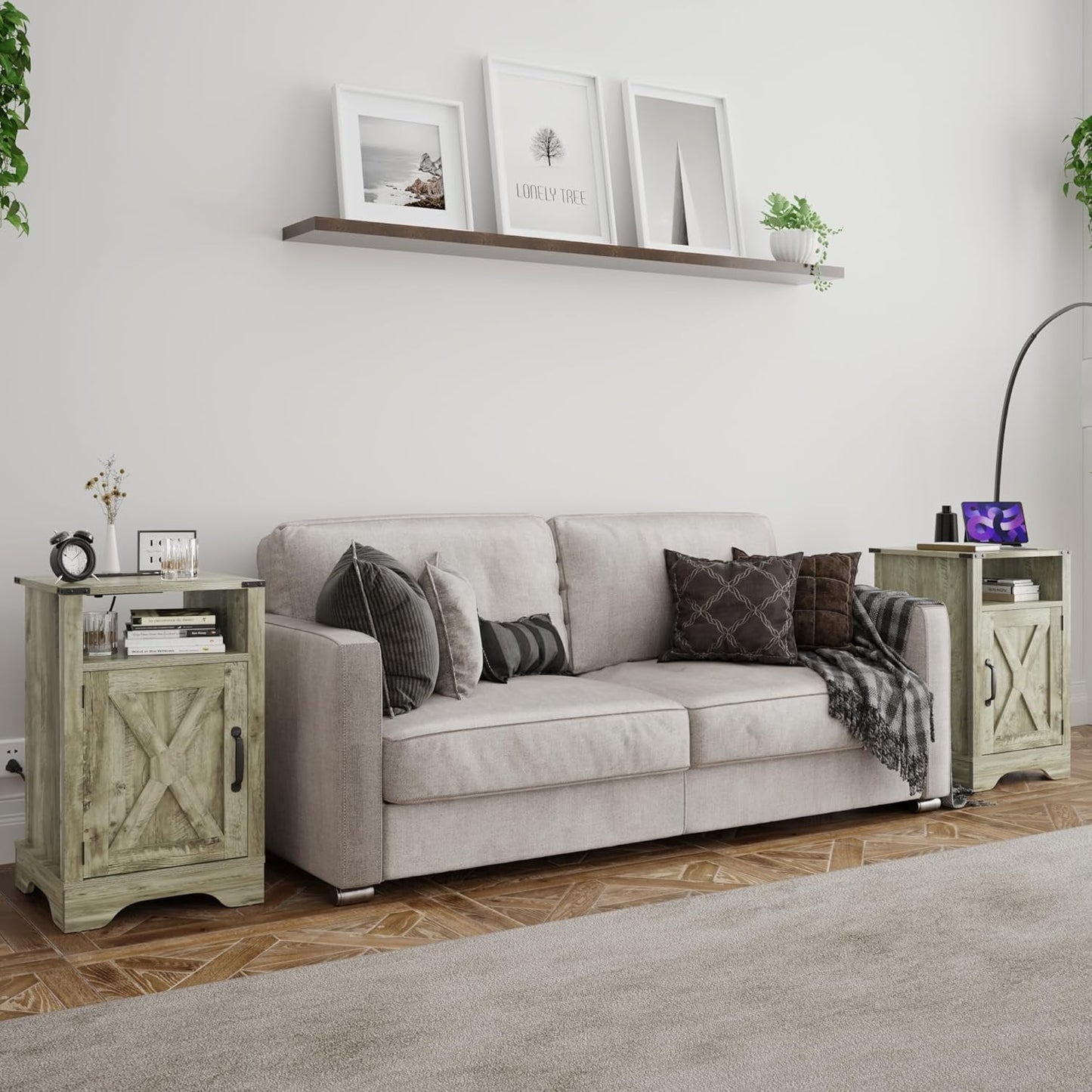 RoyalCraft Farmhouse Nightstand Set of 2, Tall Bedside Table with Charging Station, Wooden Rustic End Table with Large Storage Cabinets Room and Shelf for Bedroom, Living Room,Warm Grey farmhouse nightstand