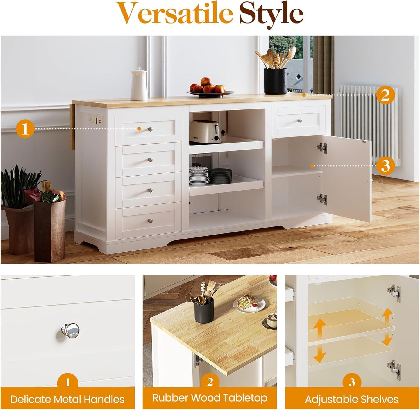 RoyalCraft 59" Large Kitchen Island with Power Outlet, Farmhouse Thick Table Top Drawer, Organized Storage Space with Rubber Wood Drop-Leaf Countertop, White & Oak