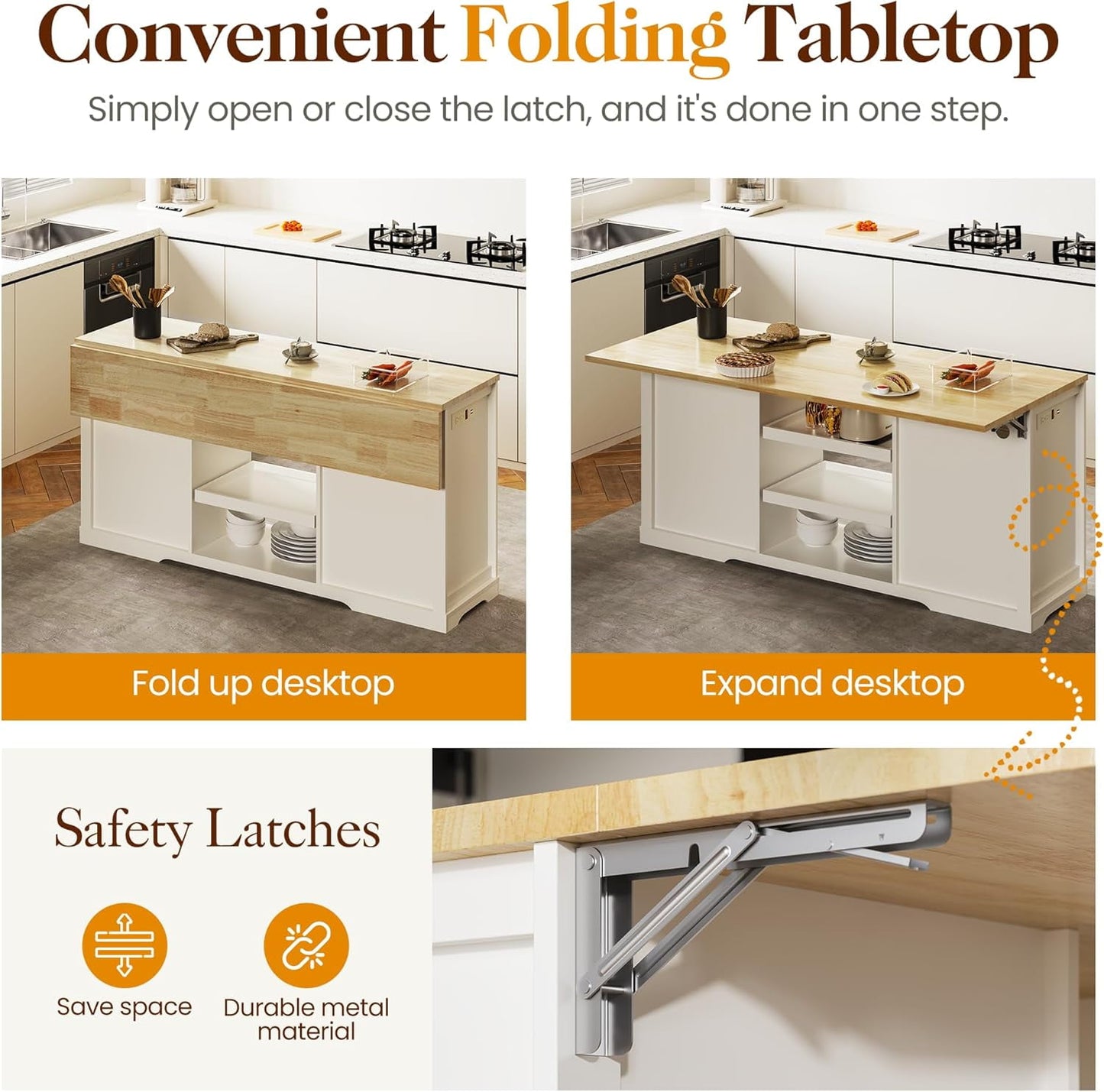 RoyalCraft 59" Large Kitchen Island with Power Outlet, Farmhouse Thick Table Top Drawer, Organized Storage Space with Rubber Wood Drop-Leaf Countertop, White & Oak