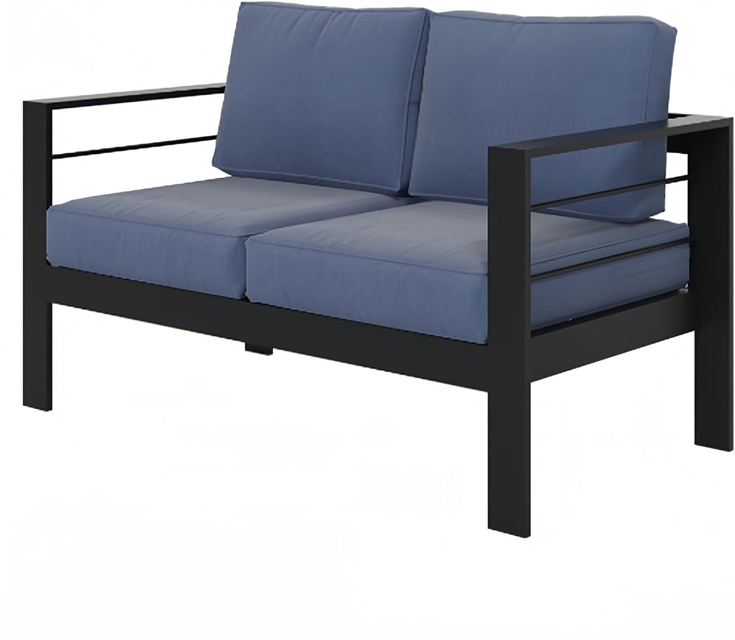 RoyalCraft Patio Furniture Aluminum Loveseat, All-Weather Outdoor 2 Seats Sofa Couch, Black Metal Chair with Blue Cushions