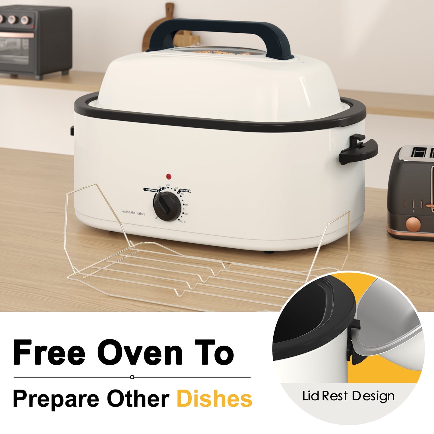 RoyalCraft 24 Quart Electric Roaster Oven with Visible & Self-Basting Lid, Stainless Steel, White