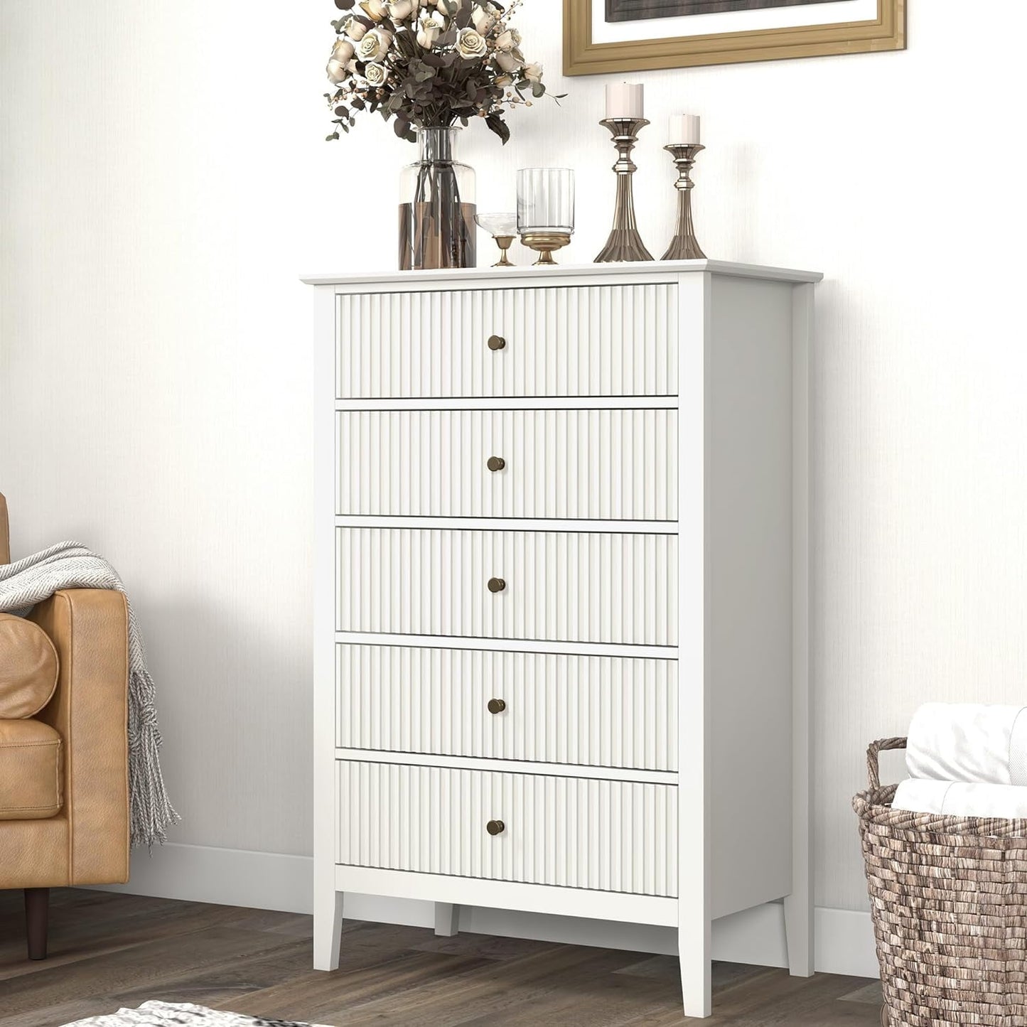 RoyalCraft Fluted 5 Drawers Dresser for Bedroom, Tall Chest of Drawer with Silent Slide Drawers, Modern Wood Storage Cabinet Organizer for Living Room, Hallway, Entryway, White