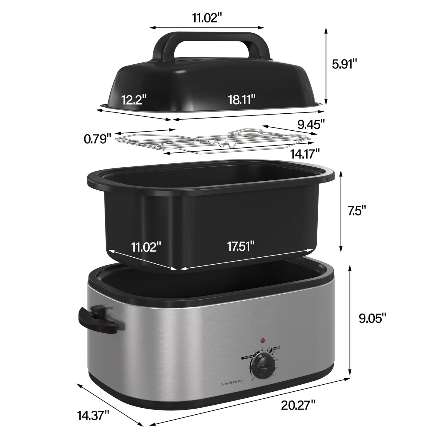 RoyalCraft 24 Quart Electric Roaster Oven with Visible & Self-Basting Lid, Stainless Steel, White