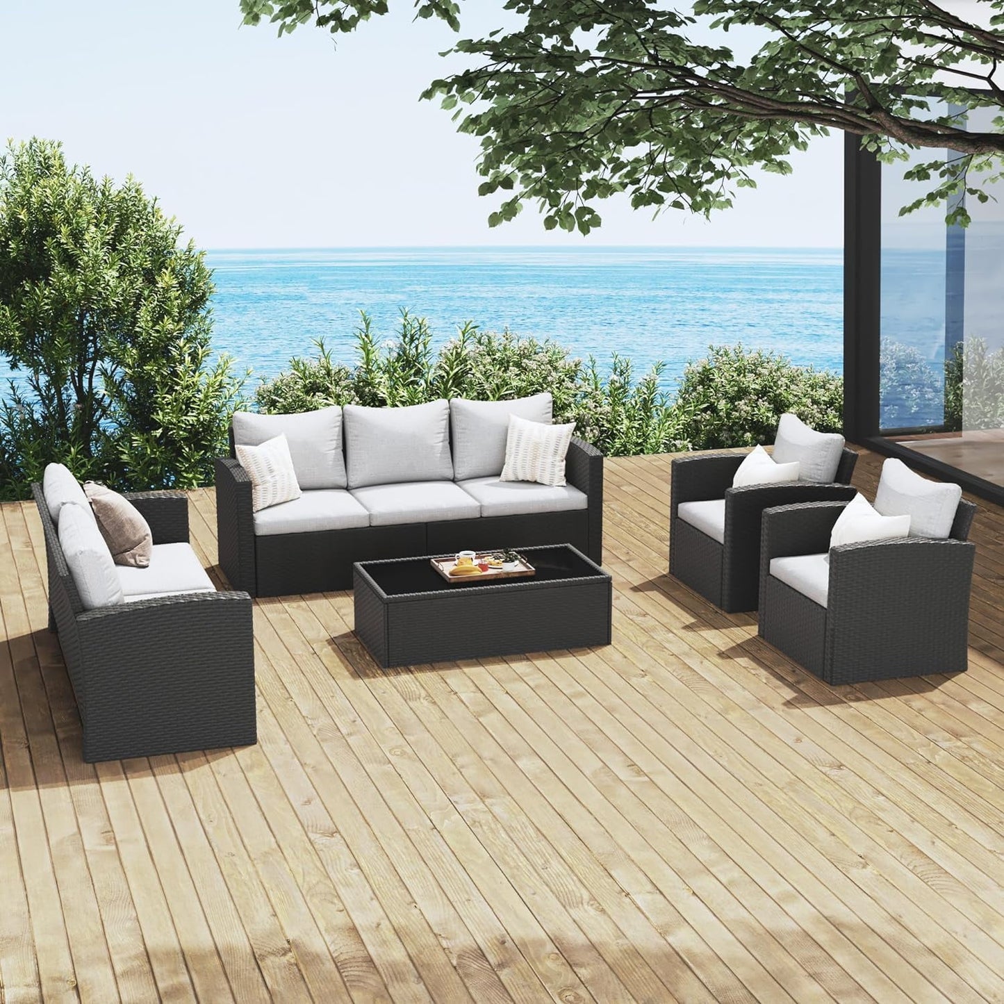 Royalcraft 8 Pieces Patio Furniture Sets, All-Weather Outdoor Sectional Wicker Conversation Set Outside Rattan Couch Sofa with Coffee Table and Grey Cushion