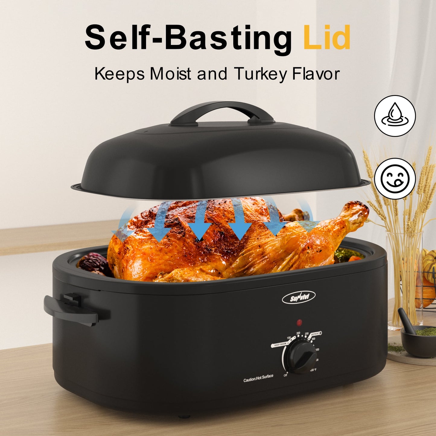 RoyalCraft 24 Quart Electric Roaster Oven with Visible & Self-Basting Lid, Stainless Steel, White