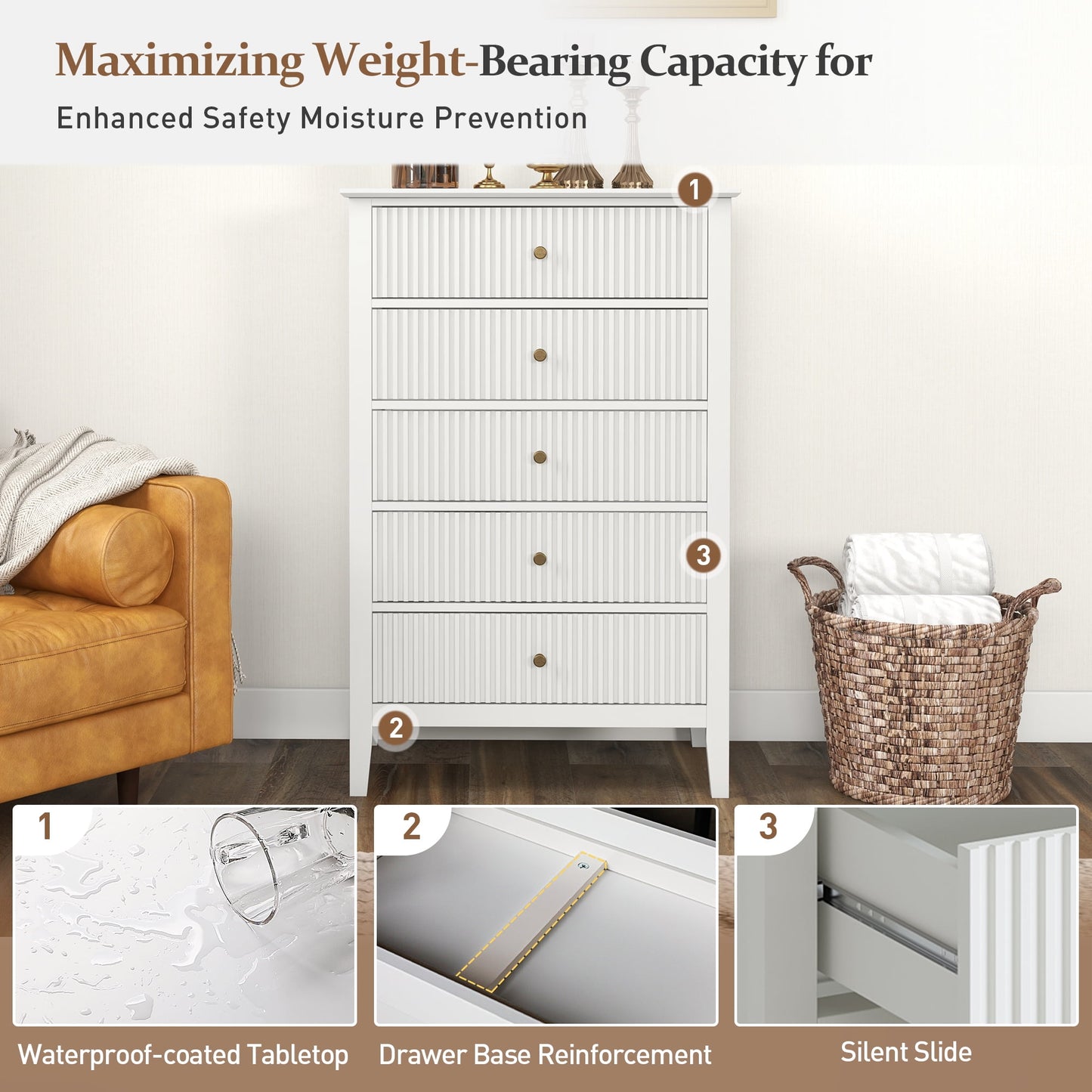 RoyalCraft Fluted 5 Drawers Dresser for Bedroom, Tall Chest of Drawer with Silent Slide Drawers, Modern Wood Storage Cabinet Organizer for Living Room, Hallway, Entryway, White