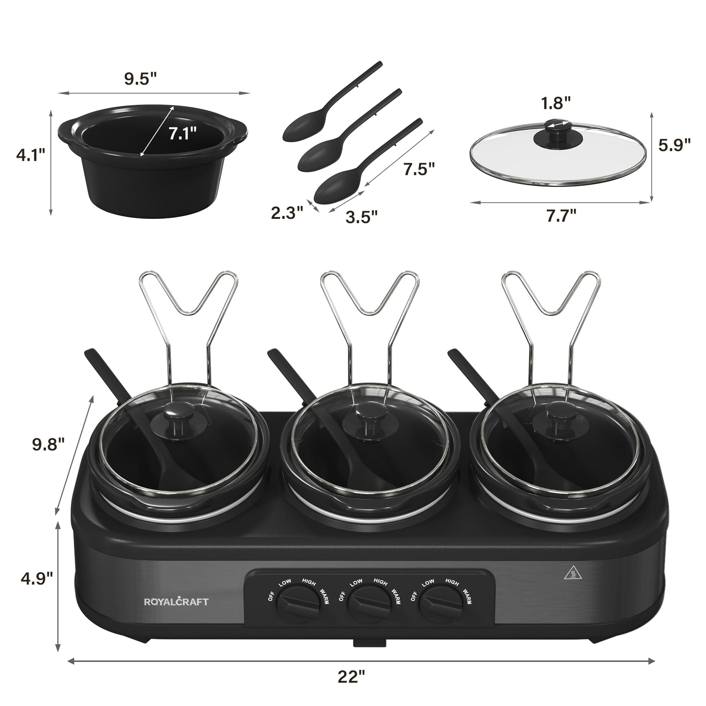 RoyalCraft Triple Slow Cooker - Effortlessly Cook and Serve Multiple Meals at Once, 3 Nylon Spoons , Adjustable Temp, Entrees, Sauces, Stews & Dips, Dishwasher Safe Glass Lid & Crock Ceramic Pot, 1.5 Quart 3 Crock Cooker Pot, Stainless Steel