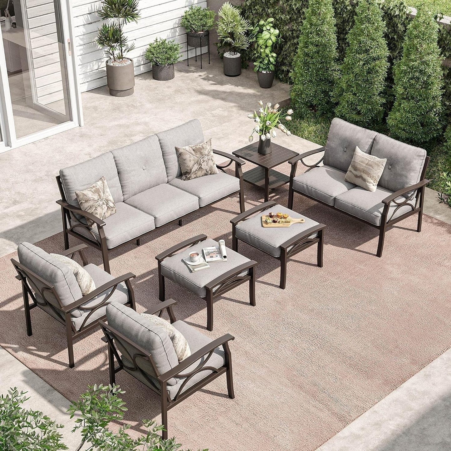 Outdoor Patio Furniture Set, 7 Piece Patio Conversation Set with Side Table and Ottomans, Metal Furniture Set for Porch Backyard Garden, Grey