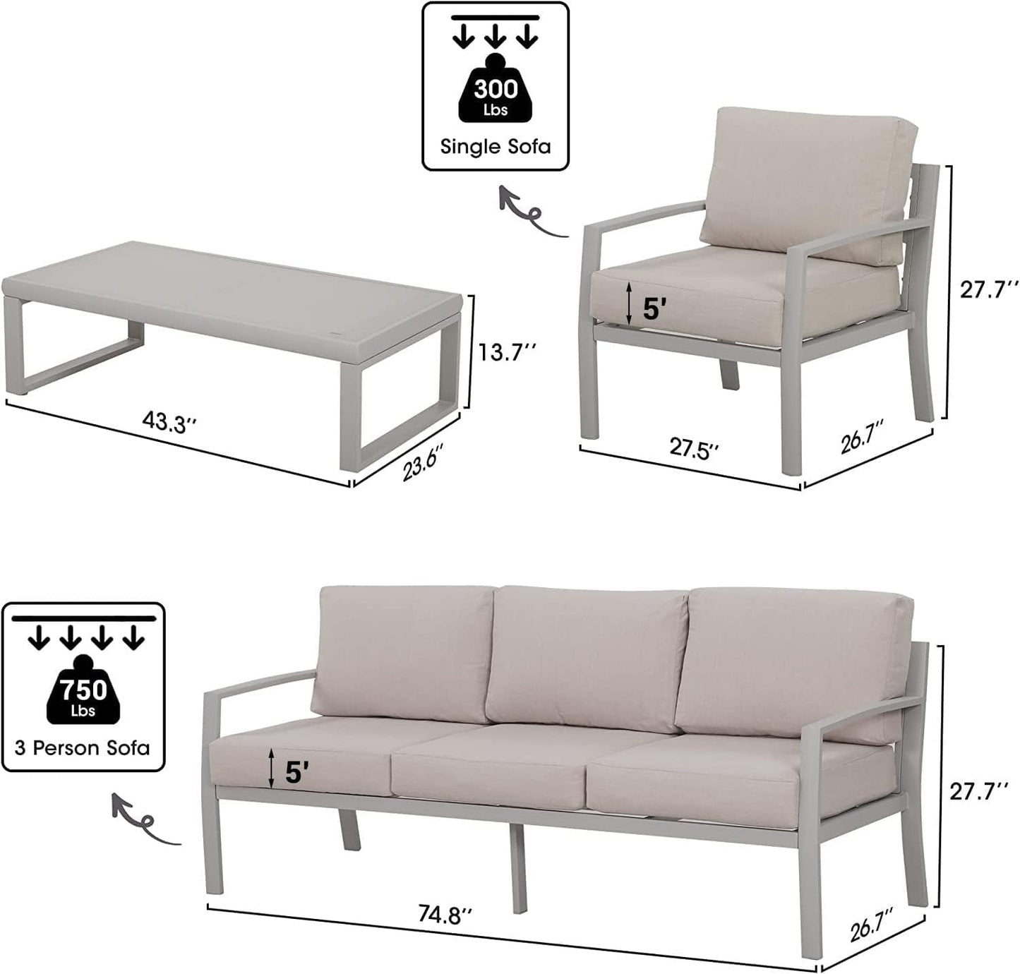 Royalcraft Aluminum Patio Furniture, Outdoor Metal Patio Furniture Conversation Set with Coffee Table, Outside Patio Sofa Sets with Cushion for Balcony Backyard Garden, Beige