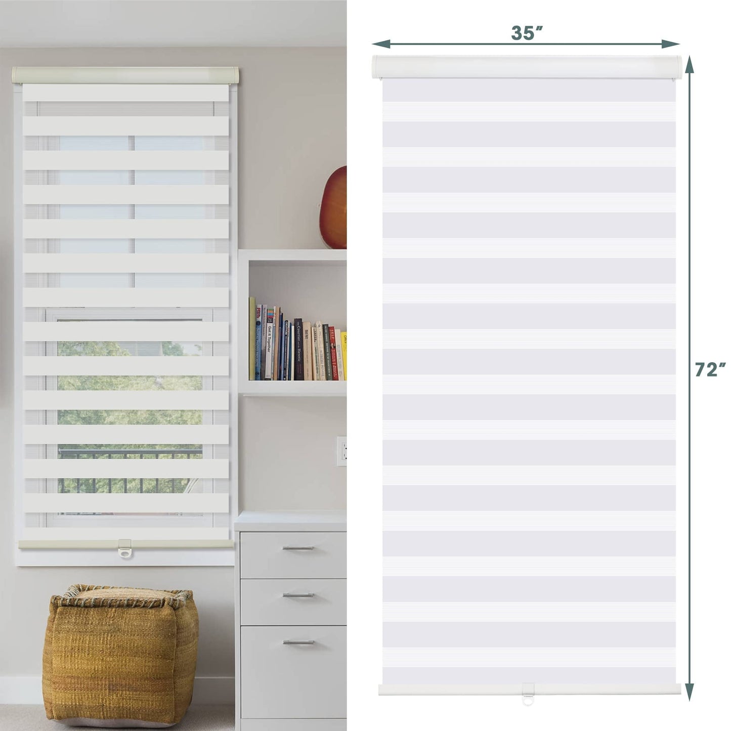 Royalcraft Cordless Zebra Blinds for Windows,36" W x 72" H White Dual Layer Zebra Roller Shades Blinds for Windows, Sheer or Privacy Light Control, Day and Night Window Shades for Living Rome, Office