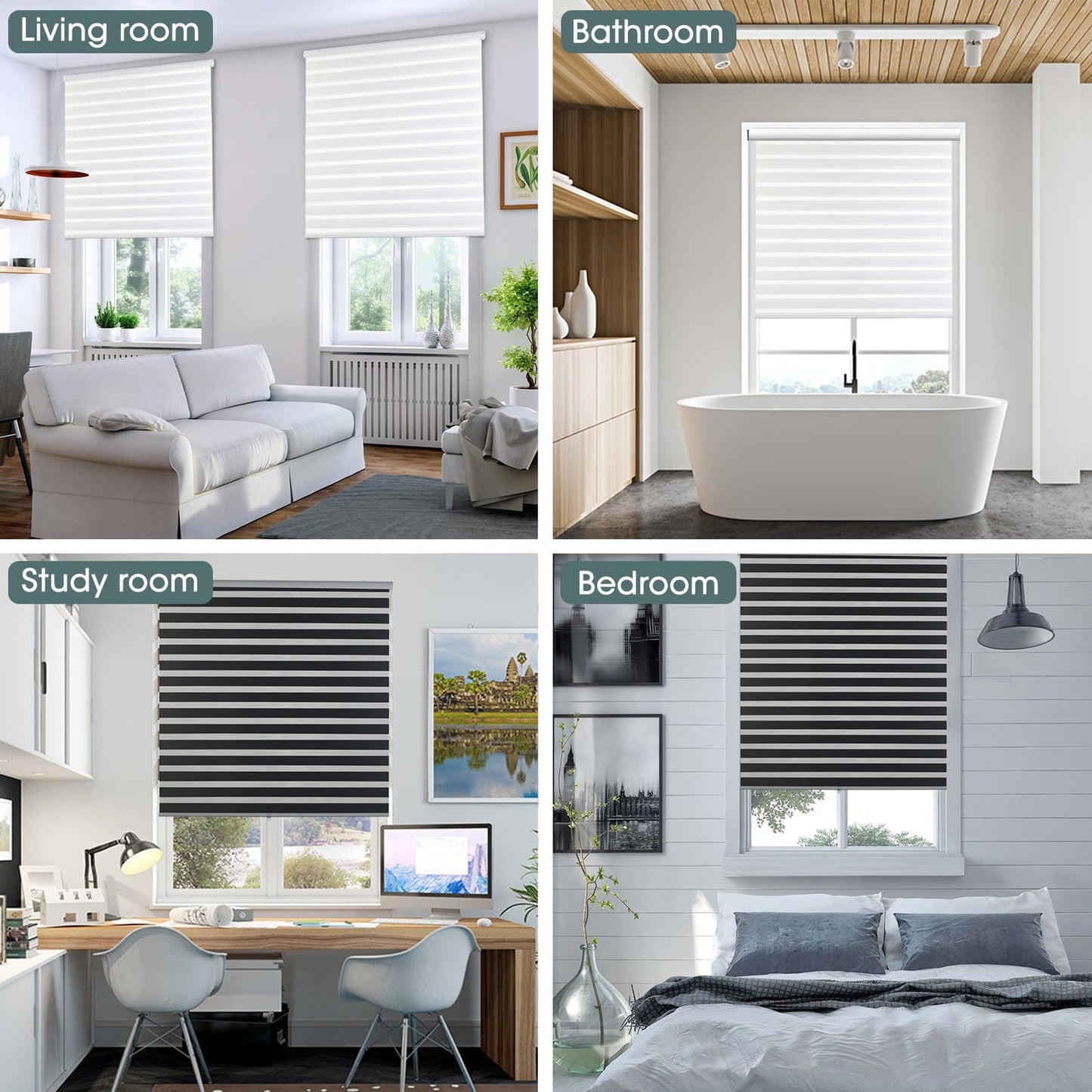 Royalcraft Cordless Zebra Blinds for Windows,36" W x 72" H White Dual Layer Zebra Roller Shades Blinds for Windows, Sheer or Privacy Light Control, Day and Night Window Shades for Living Rome, Office