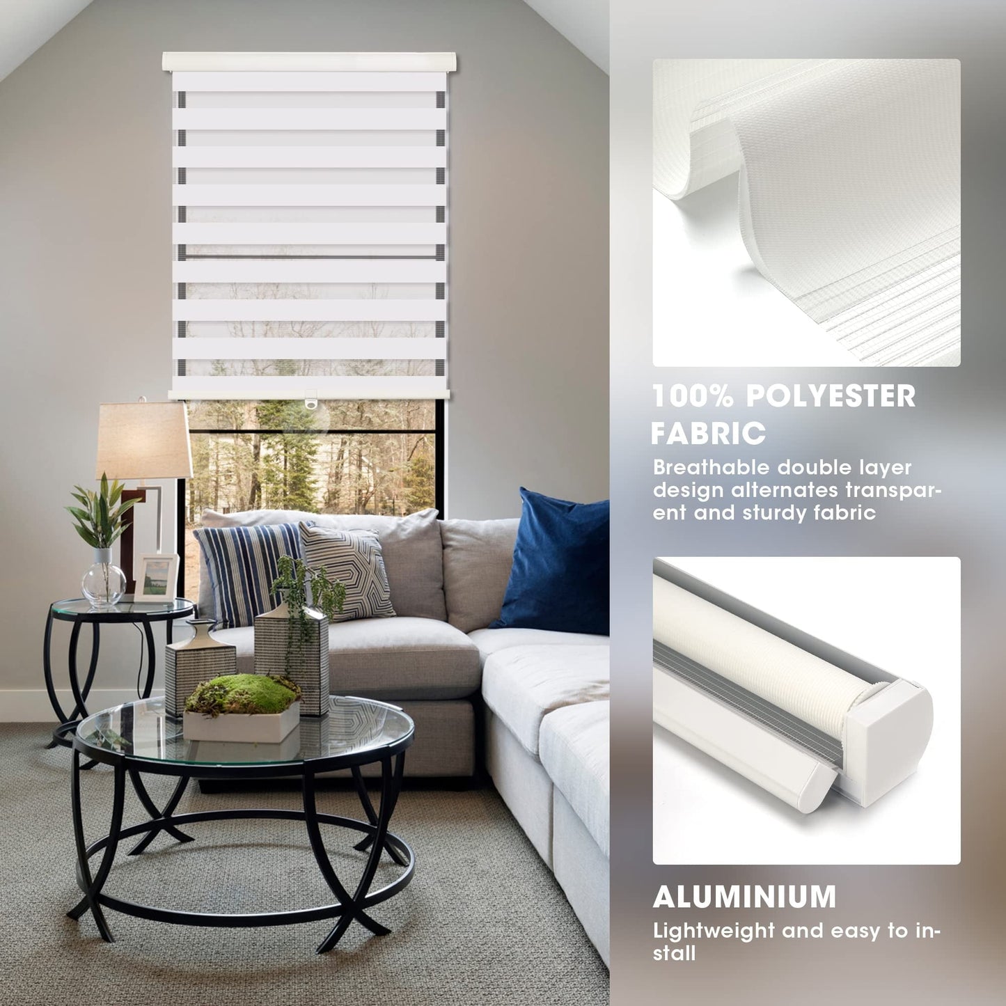 Royalcraft Cordless Zebra Blinds for Windows,36" W x 72" H White Dual Layer Zebra Roller Shades Blinds for Windows, Sheer or Privacy Light Control, Day and Night Window Shades for Living Rome, Office