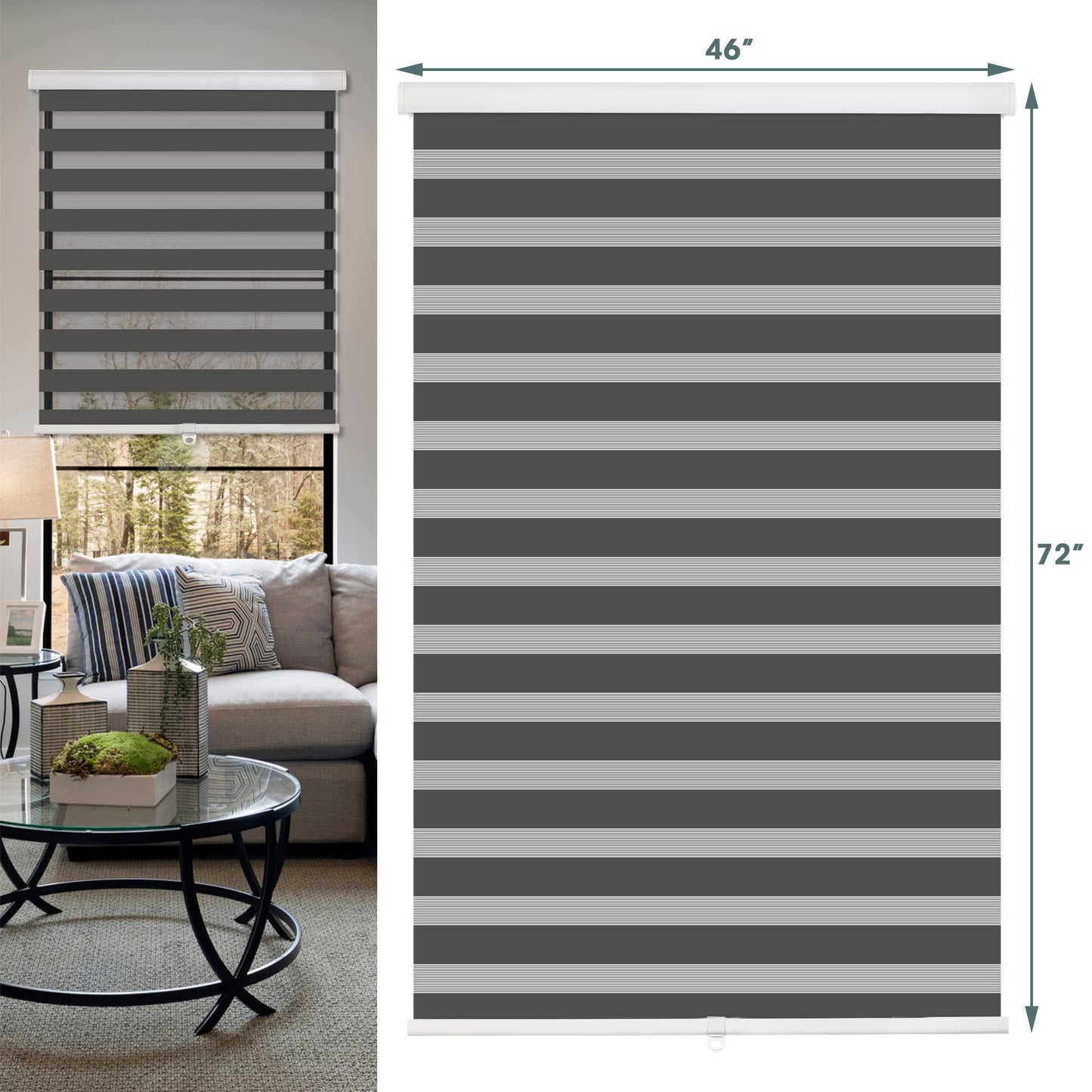 Royalcraft Cordless Zebra Blinds for Windows,36" W x 72" H White Dual Layer Zebra Roller Shades Blinds for Windows, Sheer or Privacy Light Control, Day and Night Window Shades for Living Rome, Office