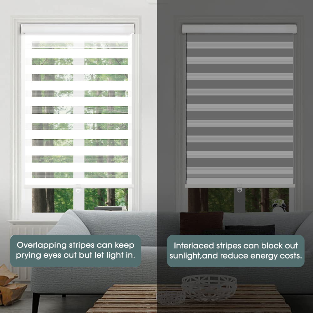 Royalcraft Cordless Zebra Blinds for Windows,36" W x 72" H White Dual Layer Zebra Roller Shades Blinds for Windows, Sheer or Privacy Light Control, Day and Night Window Shades for Living Rome, Office