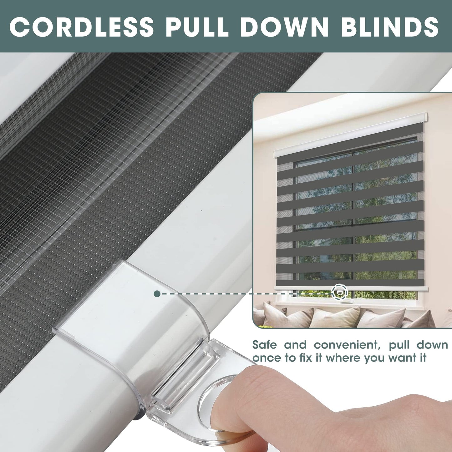 Royalcraft Cordless Zebra Blinds for Windows,36" W x 72" H White Dual Layer Zebra Roller Shades Blinds for Windows, Sheer or Privacy Light Control, Day and Night Window Shades for Living Rome, Office
