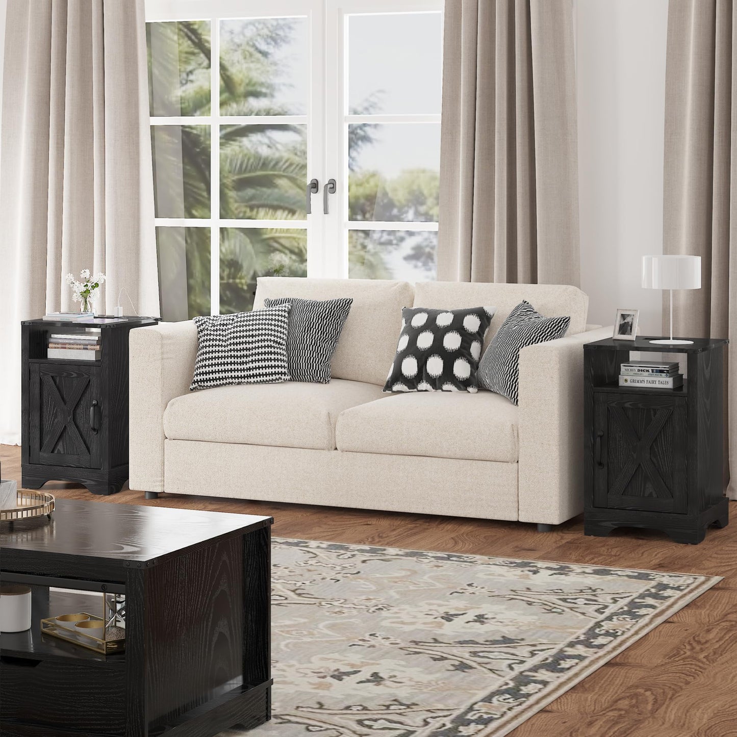 Mayincolor Farmhouse Nightstand Set of 2 with Charging Station, Wooden End Table, Rustic Night Stand with Storage Cabinet and Shelf, Tall Bedside Table for Bedroom, Living Room, Black