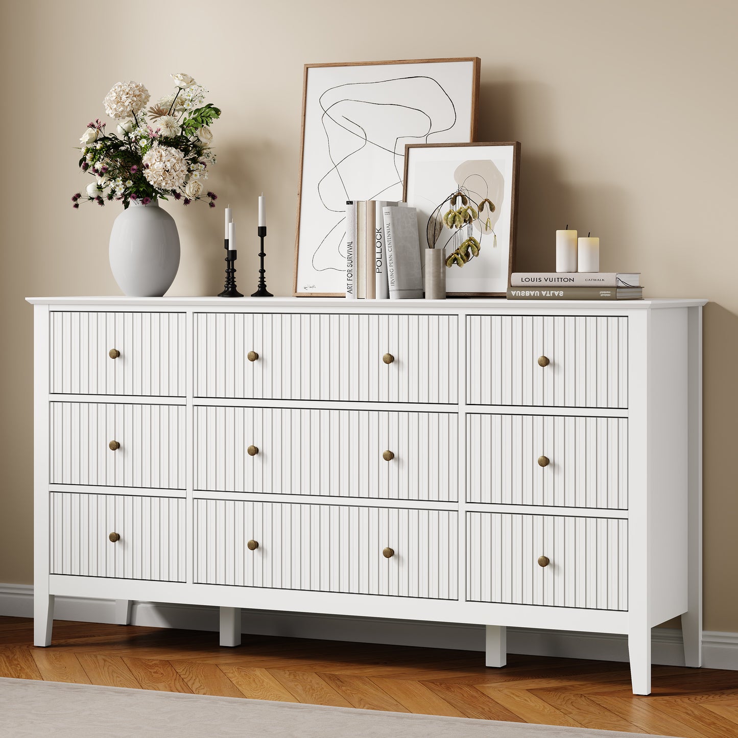 Royalcraft Fluted 9 Drawer Dresser, 59'' Wide Modern Chest of Drawers with Metal Handles, Wooden TV Stand Storage Organizer for Bedroom, Living Room, Entryway, White