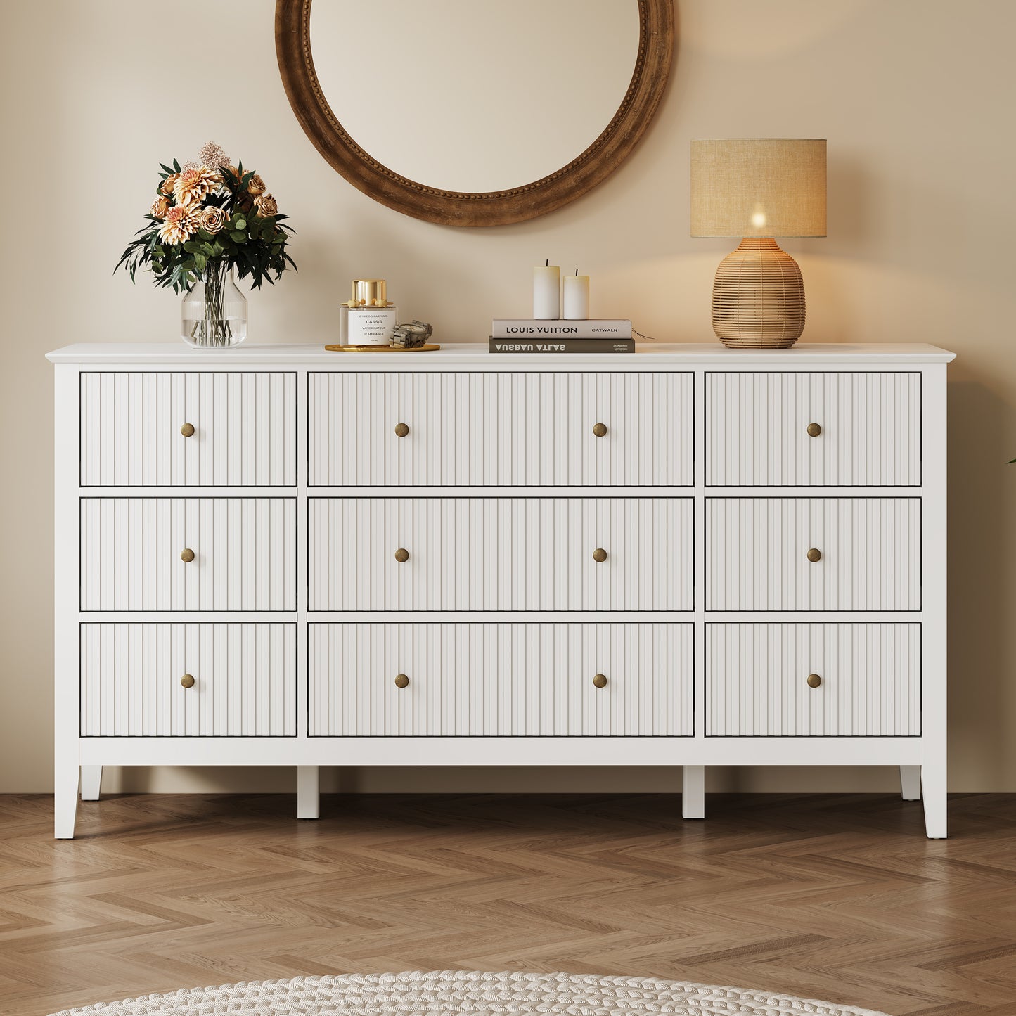 Royalcraft Fluted 9 Drawer Dresser, 59'' Wide Modern Chest of Drawers with Metal Handles, Wooden TV Stand Storage Organizer for Bedroom, Living Room, Entryway, White