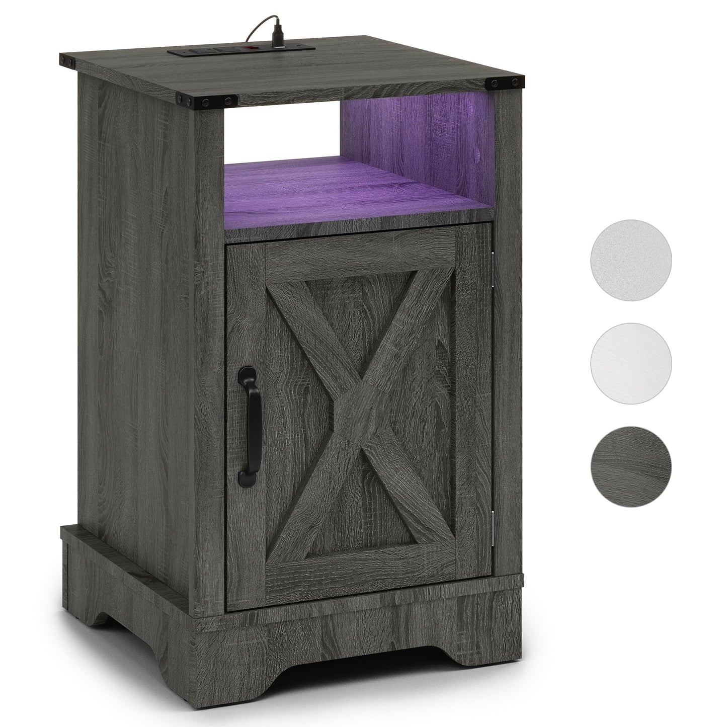 Mayincolor LED Nightstand with Charging Station, Farmhouse Wooden Side Table, Bedside Table with Storage Cabinet and Shelf, Rustic End Table for Bedroom, Living Room, Dark Gray